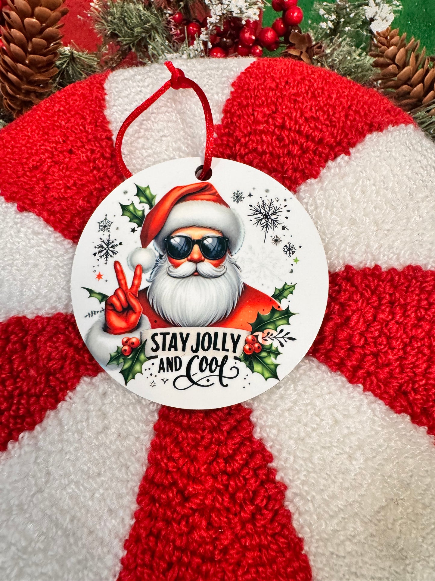 Christmas Tree Ornament- Cool Santa Decoration- Sublimated Round MDF Wooden Hanging Ornament