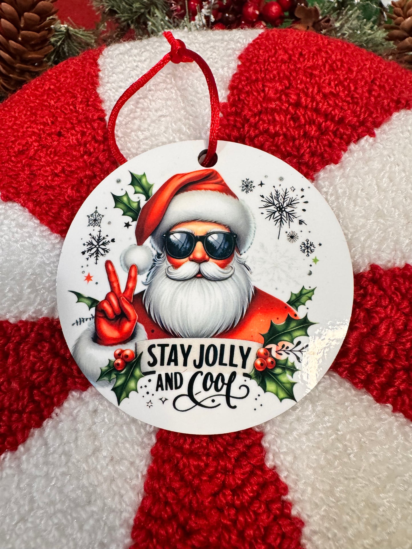 Christmas Tree Ornament- Cool Santa Decoration- Sublimated Round MDF Wooden Hanging Ornament