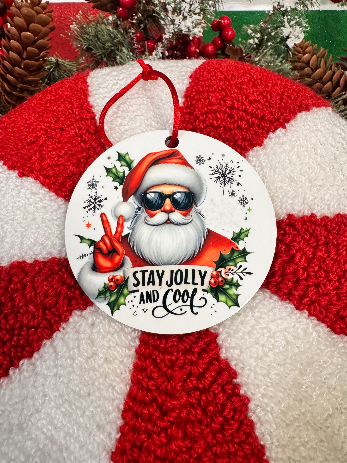 Christmas Tree Ornament- Cool Santa Decoration- Sublimated Round MDF Wooden Hanging Ornament