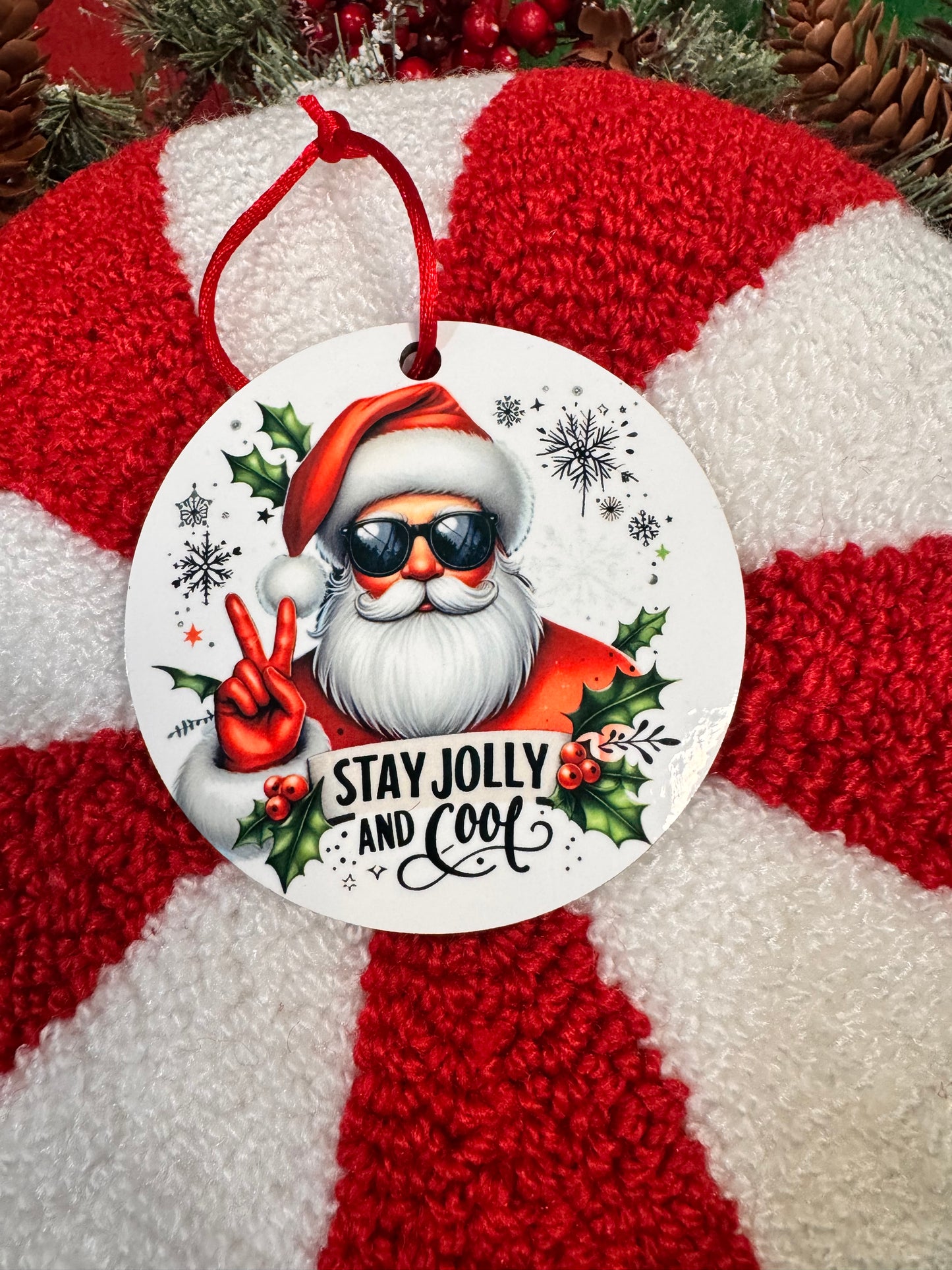 Christmas Tree Ornament- Cool Santa Decoration- Sublimated Round MDF Wooden Hanging Ornament