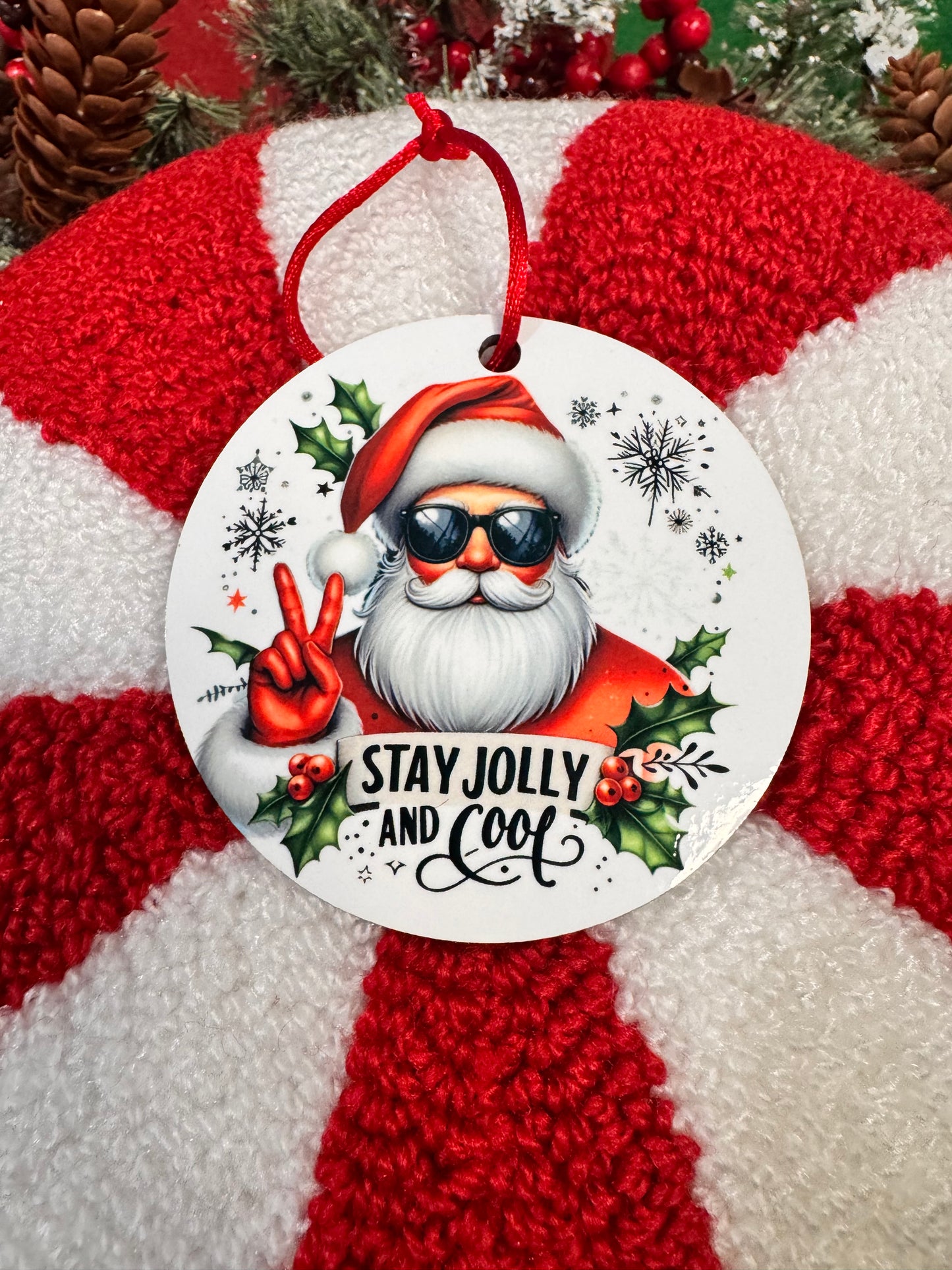 Christmas Tree Ornament- Cool Santa Decoration- Sublimated Round MDF Wooden Hanging Ornament