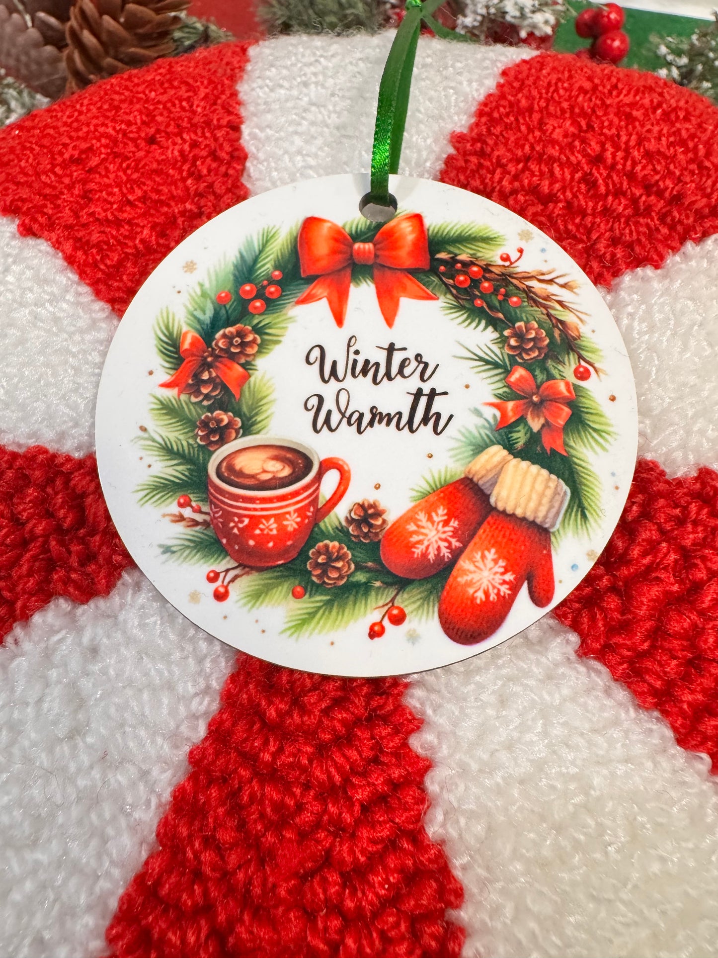 Christmas Tree Ornament- Winter Wreath Decoration- Sublimated Round MDF Wooden Hanging Ornament