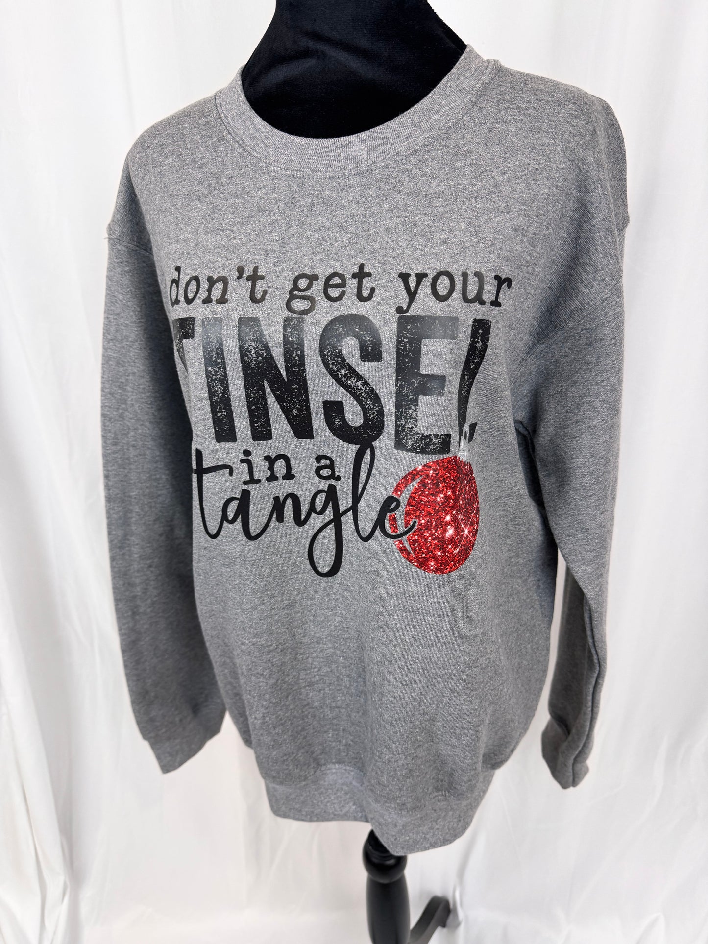 Funny Sarcastic Christmas Sweatshirt, Don't Get Your Tinsel In A Tangle Holiday Sweatshirt, Gildan Gray/Graphite Heather Crewneck Sweatshirt