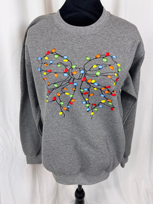 Cozy Christmas Sweatshirt: Coquette Bow Decorated With Christmas Lights, Heather Grey Color Crewneck