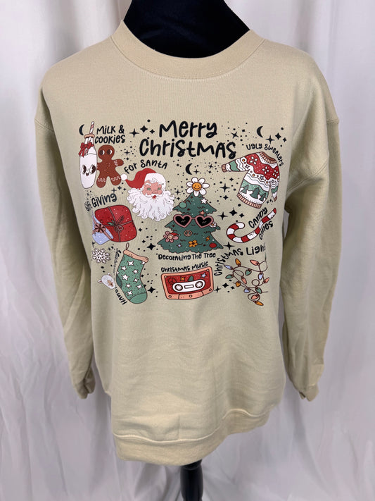 Merry Christmas My Favorite Things Comfy Sweatshirt, Milk and Cookies for Santa, Ugly Sweaters, Gildan Softstyle in Sand