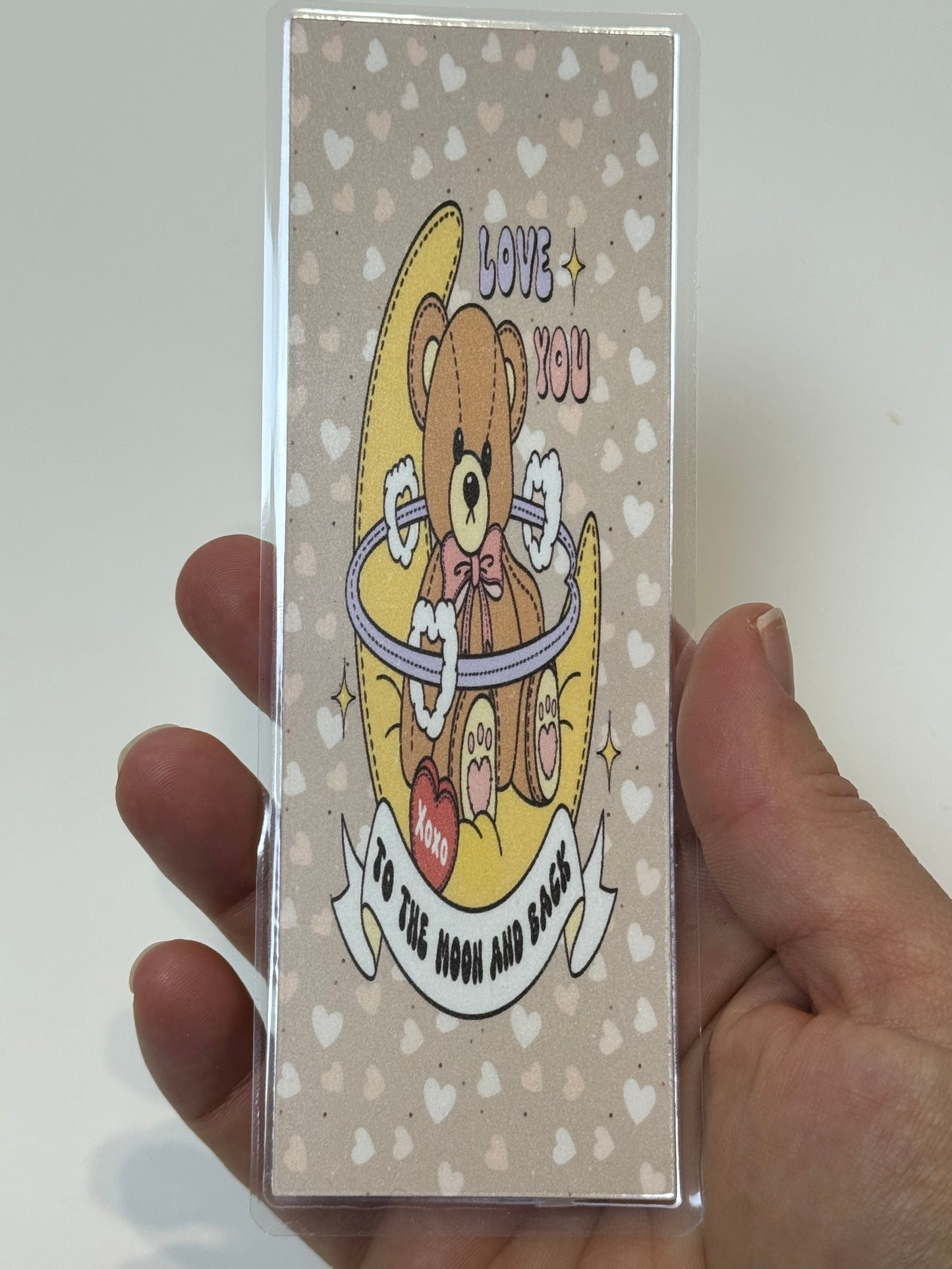 Love You To The Moon And Back Teddy Bear Hearts Laminated Bookmark XOXO