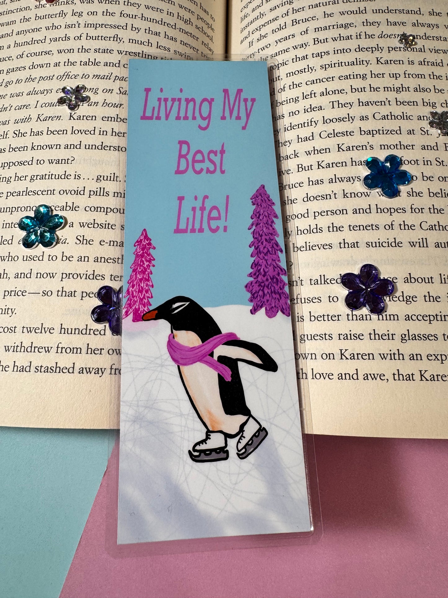 Bookmarks For Readers- Hand Drawn Original Artwork- Living My Best Life- Beautiful Penguin Ice Skating Around Christmas Trees