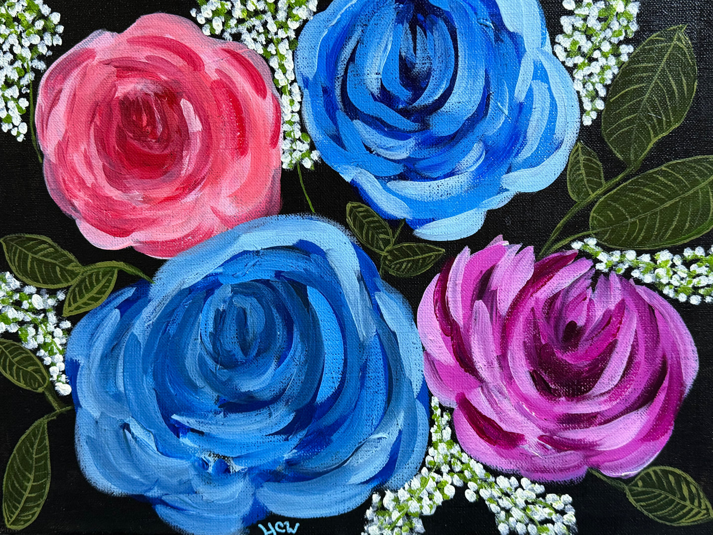 Impressionist Rose Painting in Acrylic. Black background with 2 blue, 1 red, 1 pink rose. 14x11 inches unframed, stretched canvas.