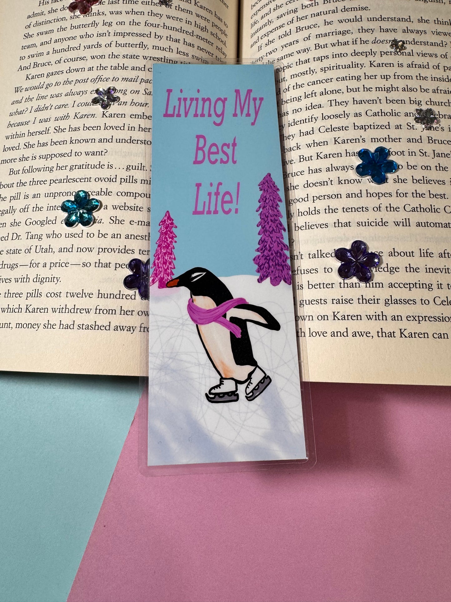 Bookmarks For Readers- Hand Drawn Original Artwork- Living My Best Life- Beautiful Penguin Ice Skating Around Christmas Trees