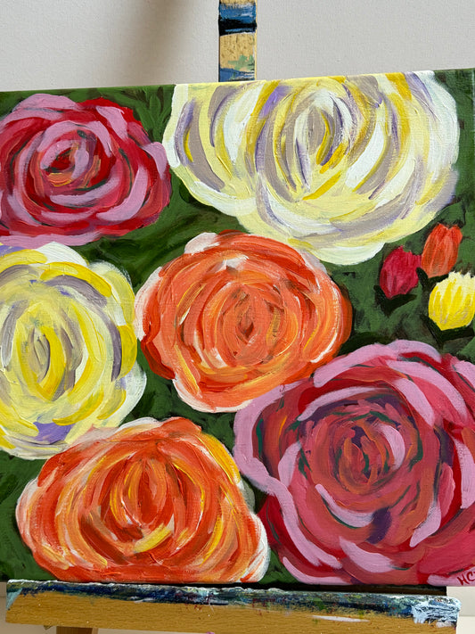 Impressionist Roses, Roses of Many Colors, Acrylic Painting, Colorful Flowers For Garden Lovers