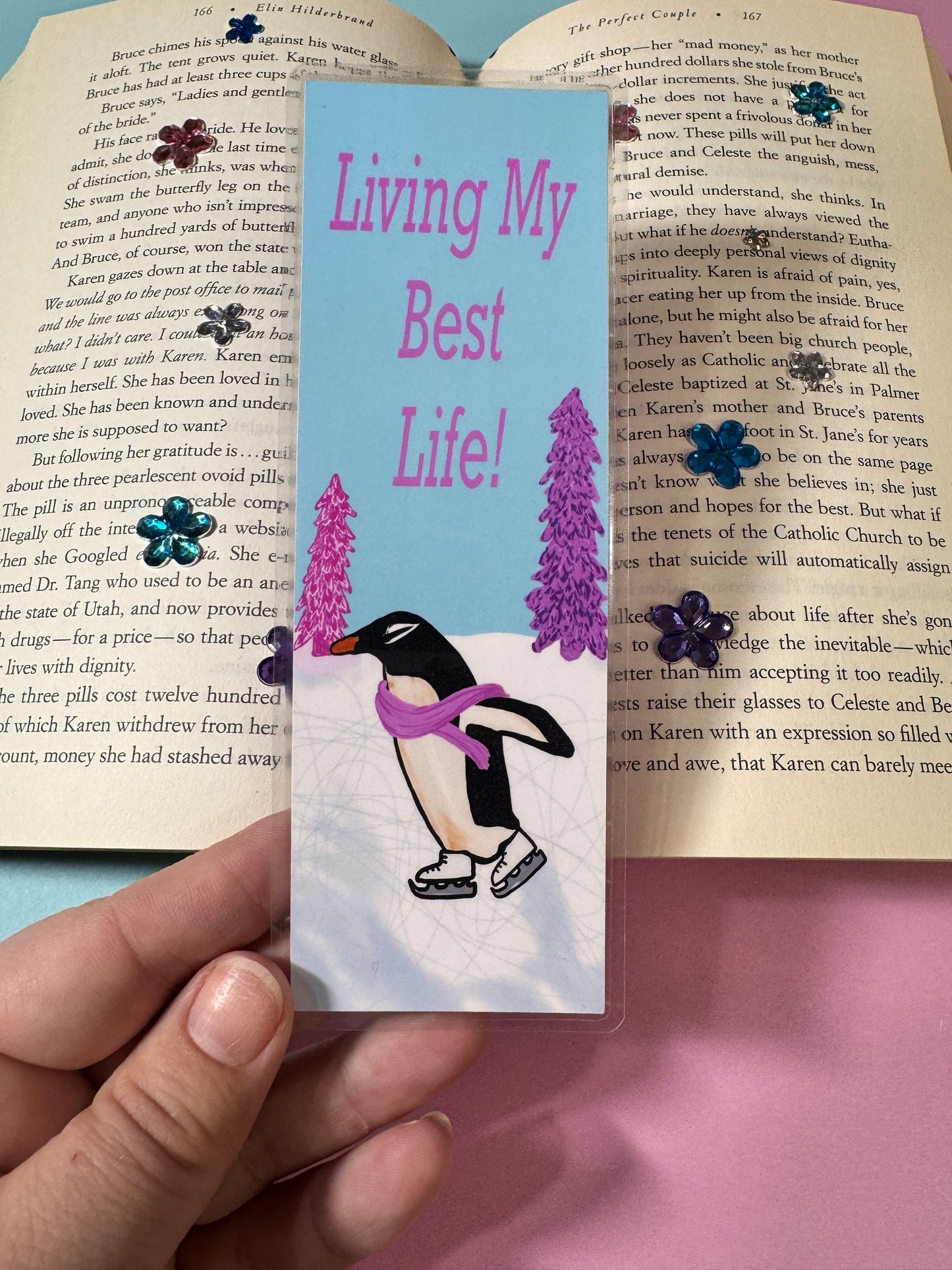 Bookmarks For Readers- Hand Drawn Original Artwork- Living My Best Life- Beautiful Penguin Ice Skating Around Christmas Trees