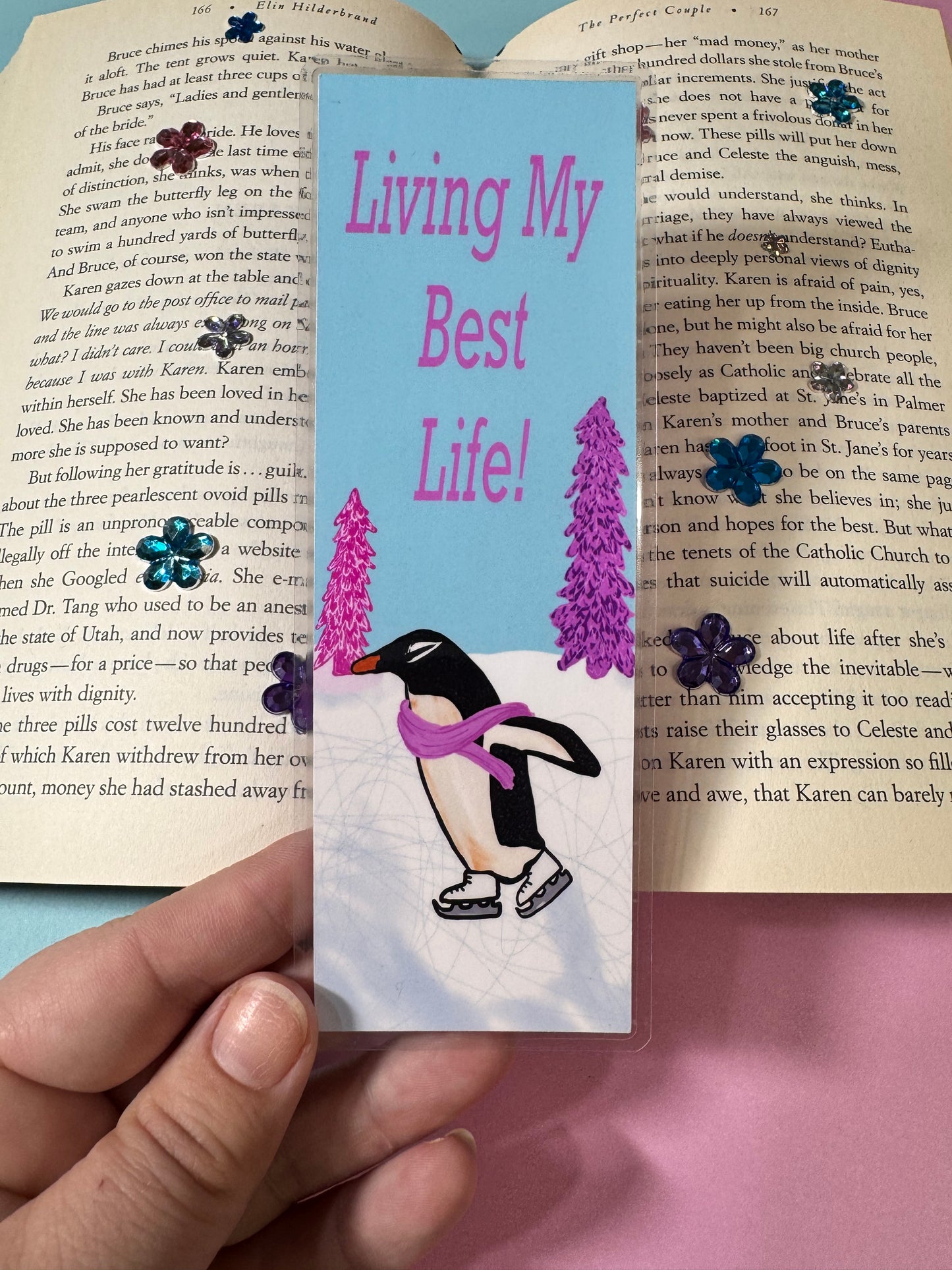 Bookmarks For Readers- Hand Drawn Original Artwork- Living My Best Life- Beautiful Penguin Ice Skating Around Christmas Trees