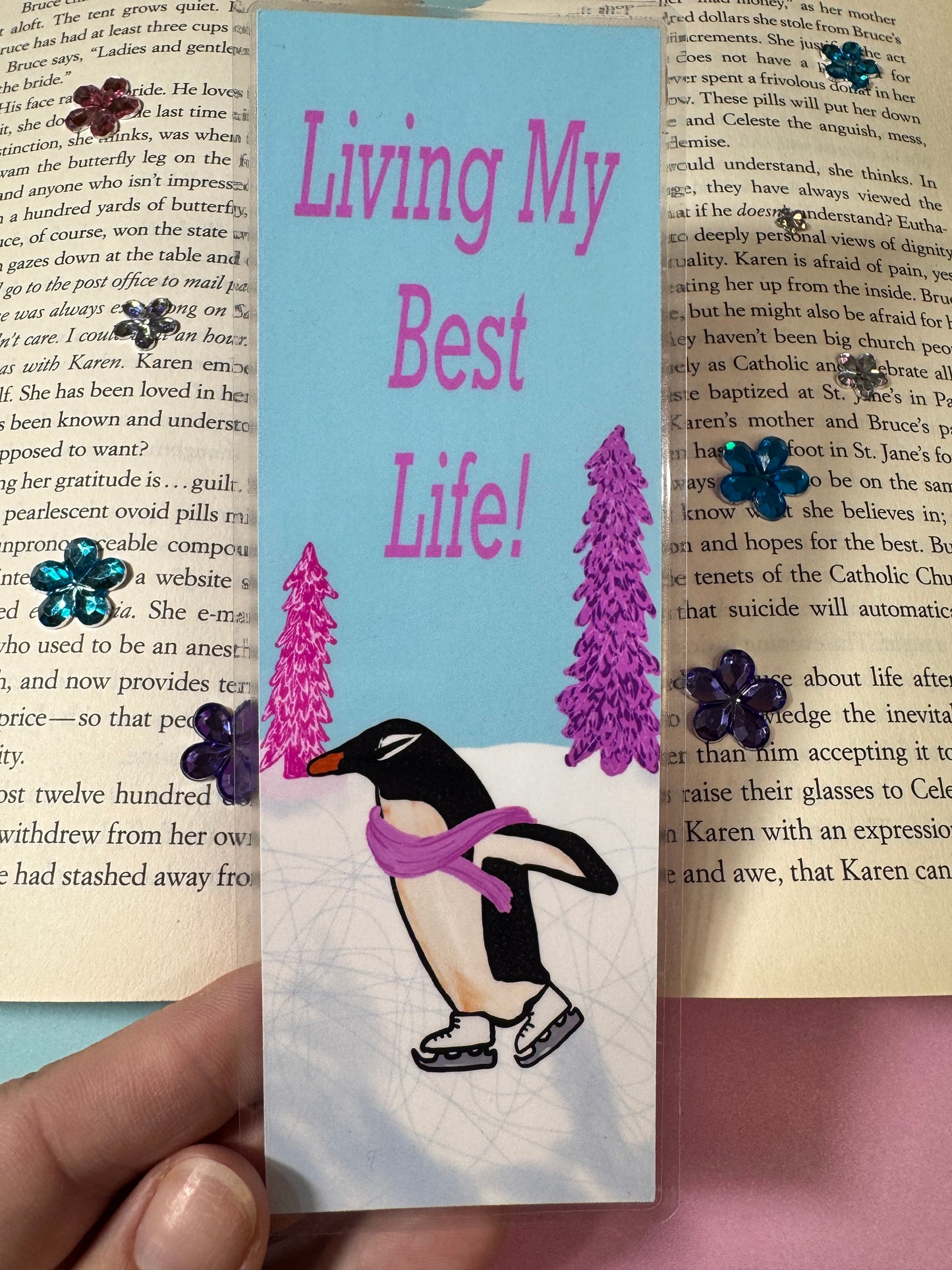 Bookmarks For Readers- Hand Drawn Original Artwork- Living My Best Life- Beautiful Penguin Ice Skating Around Christmas Trees