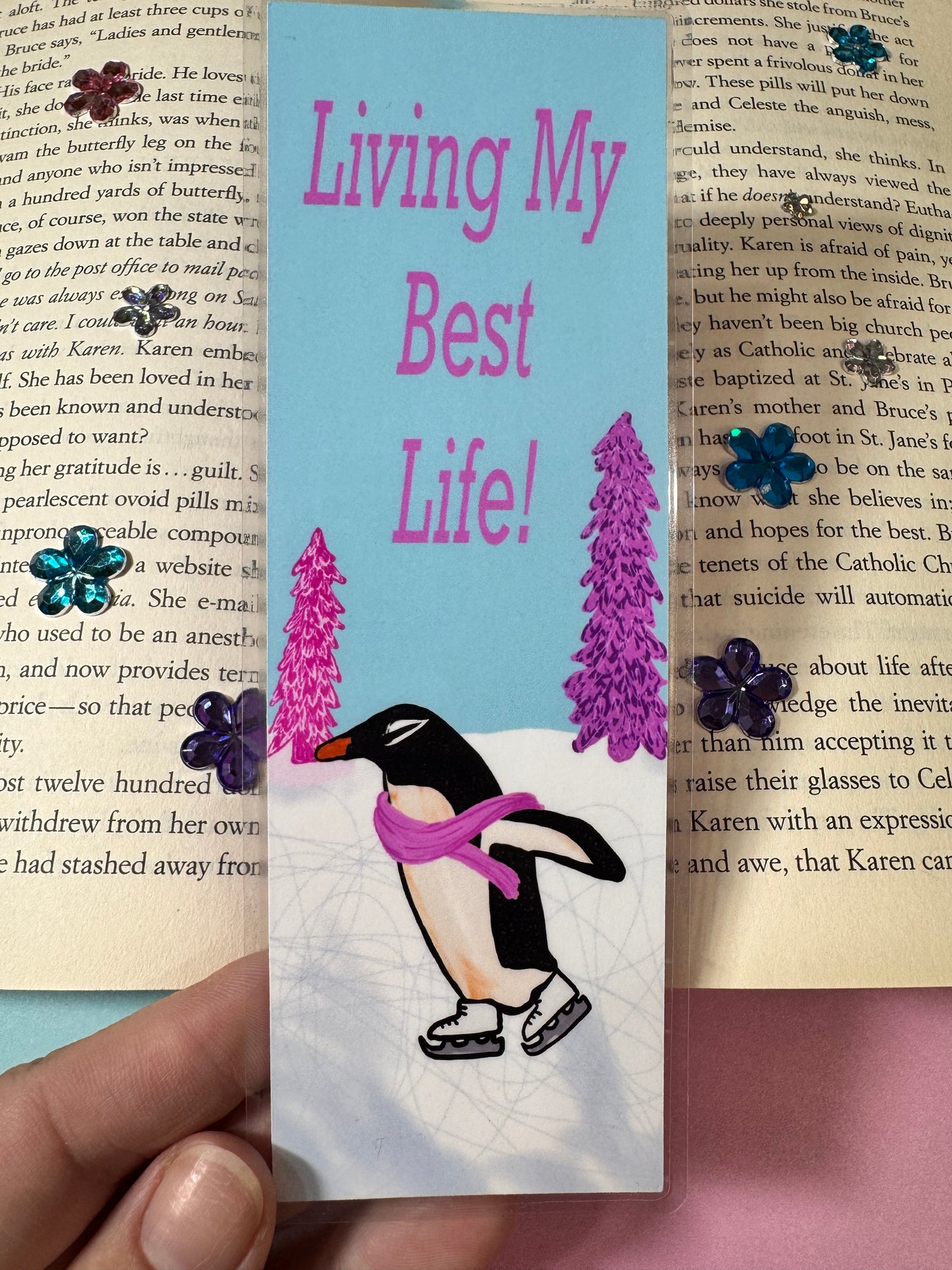 Bookmarks For Readers- Hand Drawn Original Artwork- Living My Best Life- Beautiful Penguin Ice Skating Around Christmas Trees