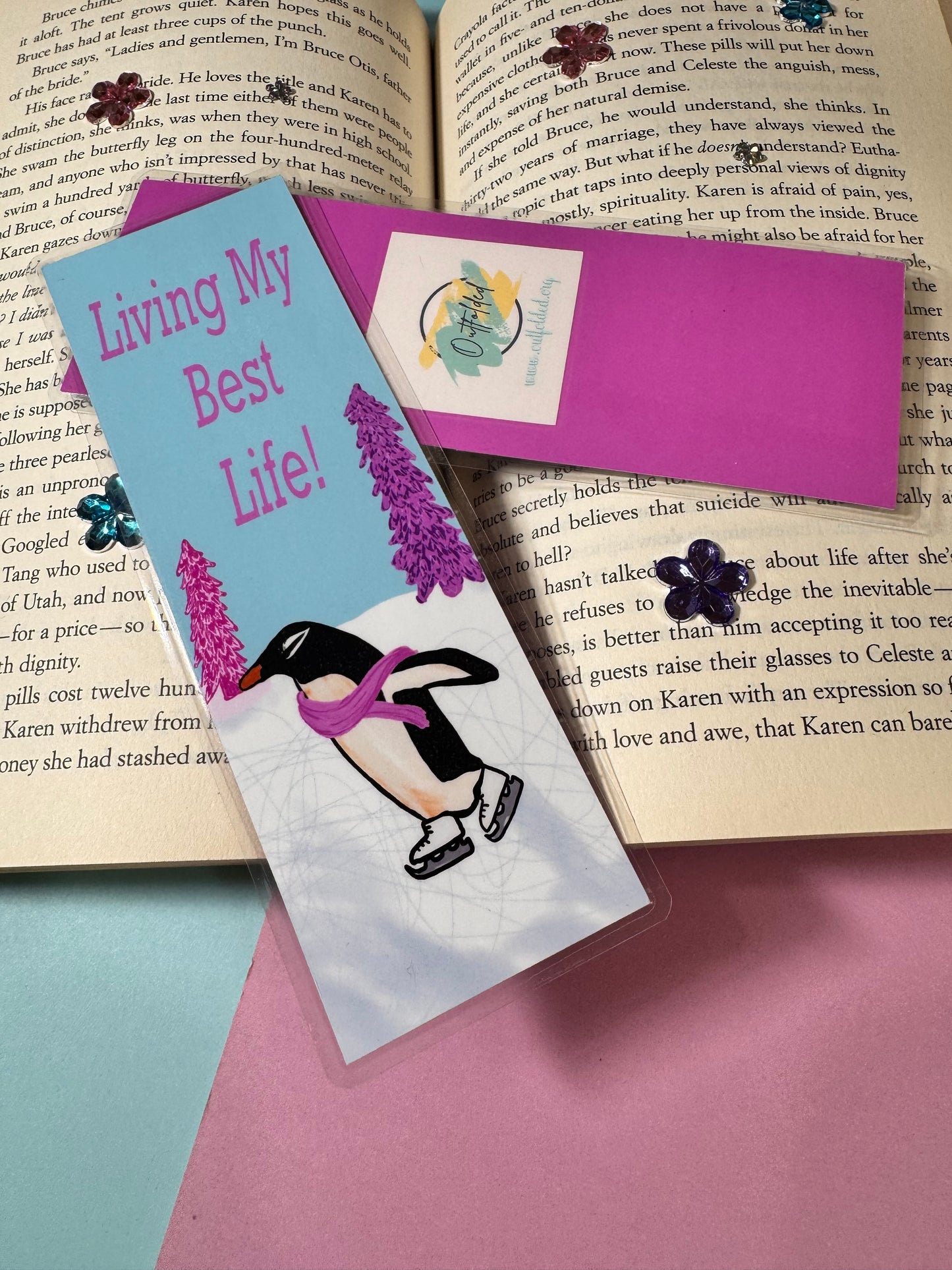 Bookmarks For Readers- Hand Drawn Original Artwork- Living My Best Life- Beautiful Penguin Ice Skating Around Christmas Trees