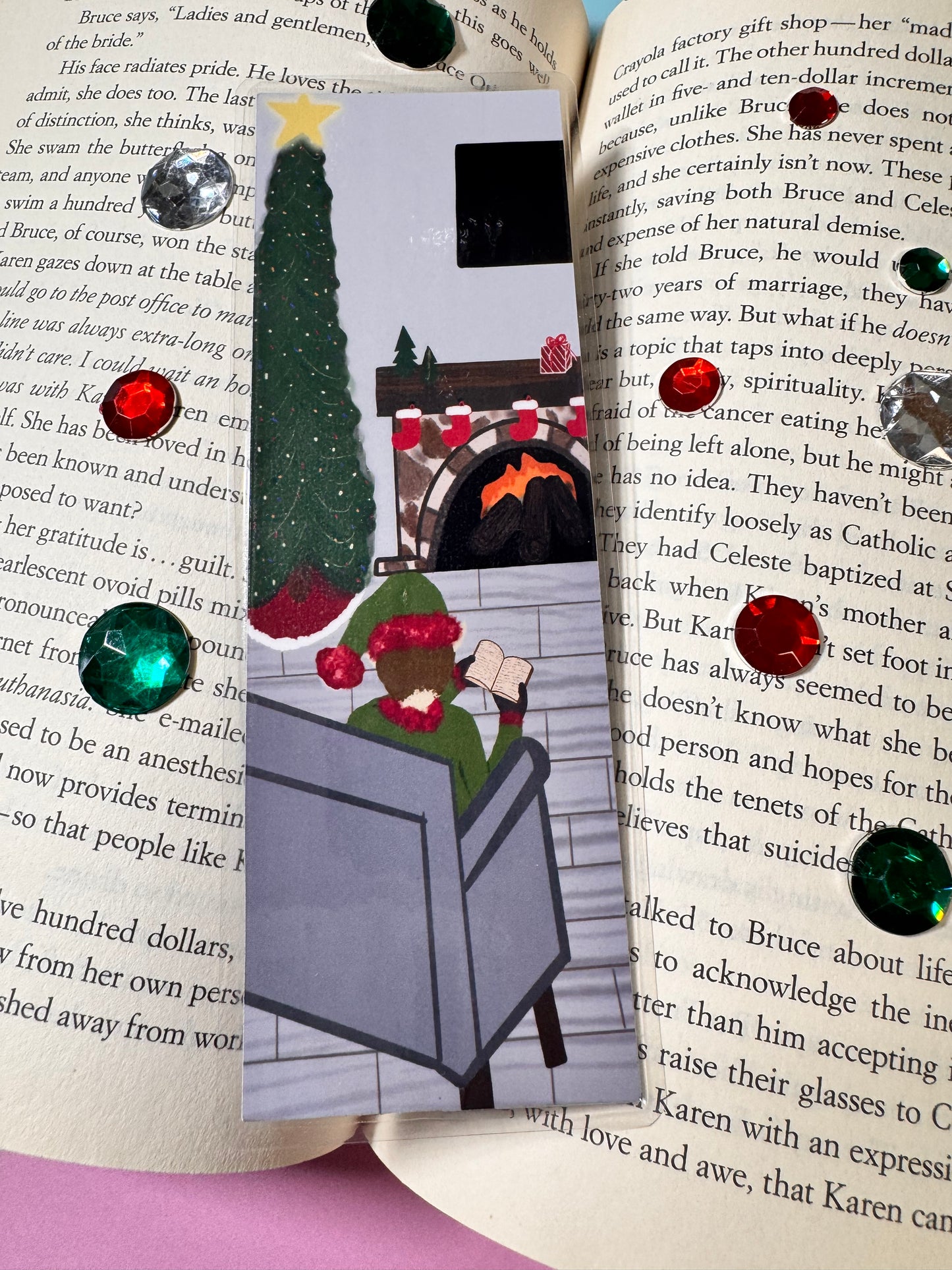 Bookmarks for Christmas Novels- Page Saver For Readers- Elf Reading By The Fire and Christmas Tree- Laminated- Original Artwork