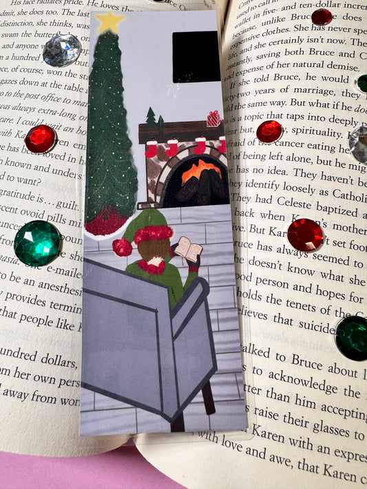 Bookmarks for Christmas Novels- Page Saver For Readers- Elf Reading By The Fire and Christmas Tree- Laminated- Original Artwork