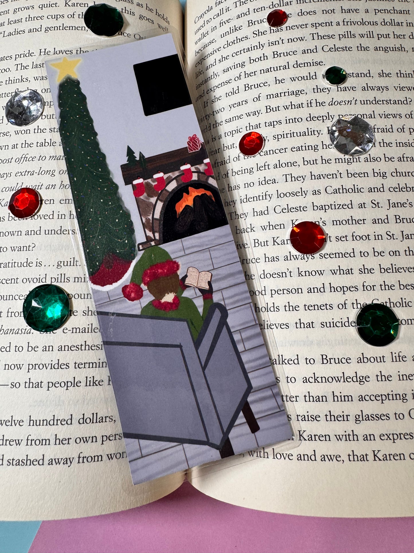 Bookmarks for Christmas Novels- Page Saver For Readers- Elf Reading By The Fire and Christmas Tree- Laminated- Original Artwork