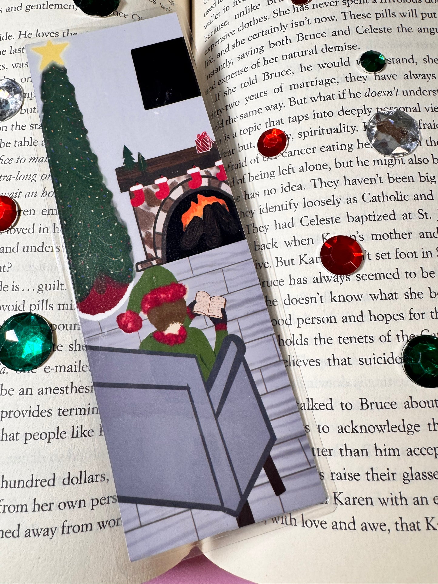 Bookmarks for Christmas Novels- Page Saver For Readers- Elf Reading By The Fire and Christmas Tree- Laminated- Original Artwork