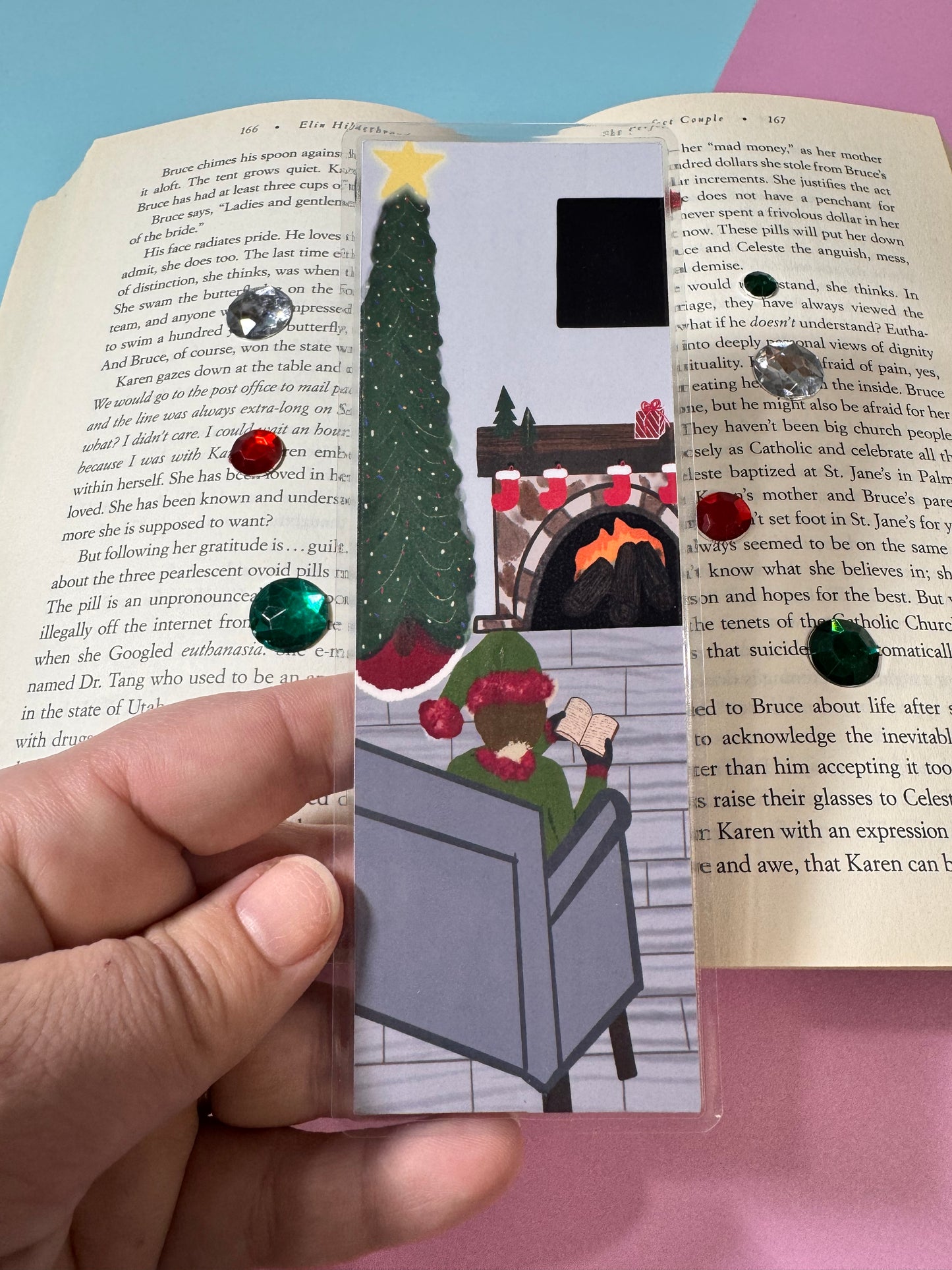 Bookmarks for Christmas Novels- Page Saver For Readers- Elf Reading By The Fire and Christmas Tree- Laminated- Original Artwork