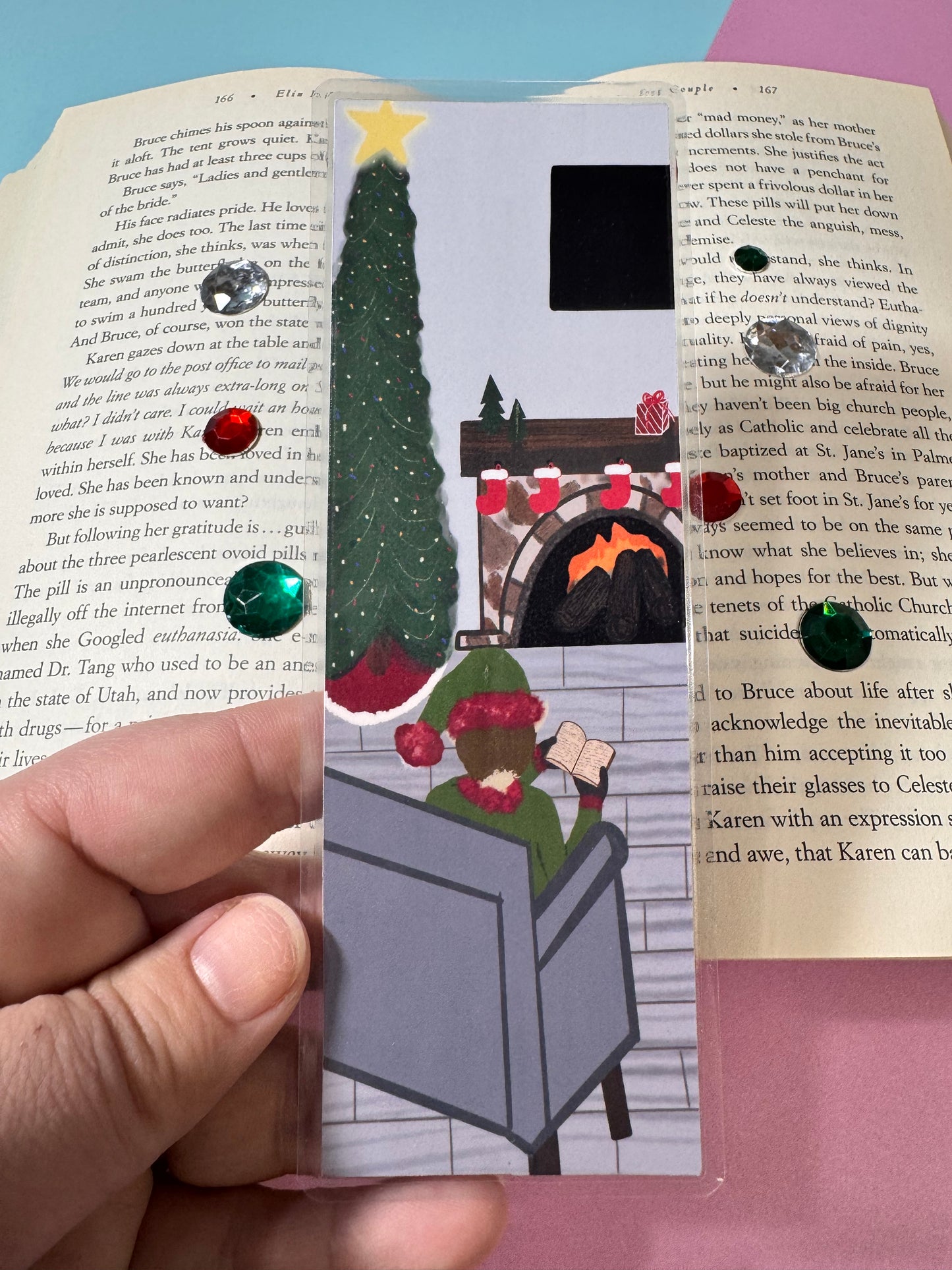 Bookmarks for Christmas Novels- Page Saver For Readers- Elf Reading By The Fire and Christmas Tree- Laminated- Original Artwork