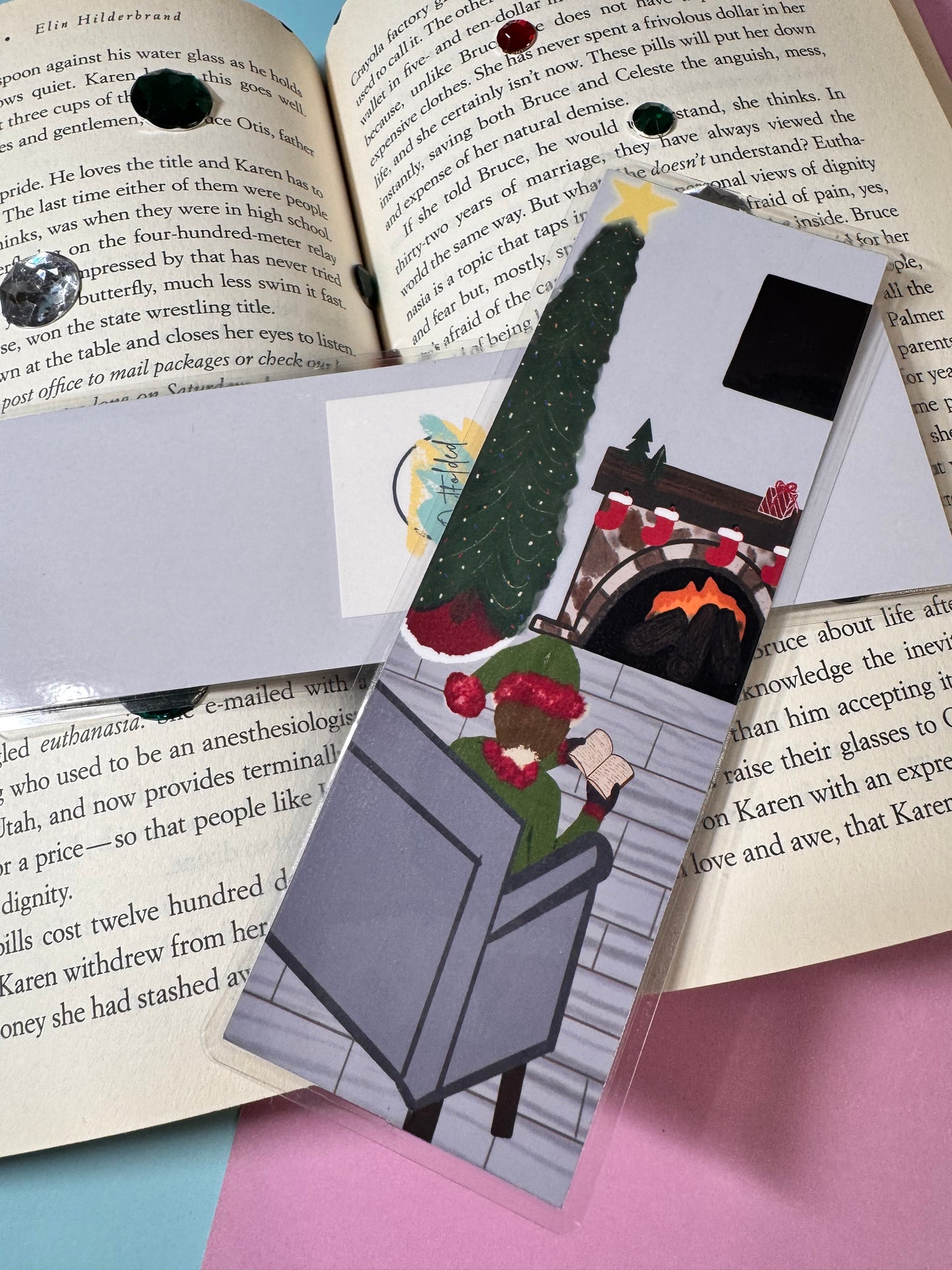 Bookmarks for Christmas Novels- Page Saver For Readers- Elf Reading By The Fire and Christmas Tree- Laminated- Original Artwork