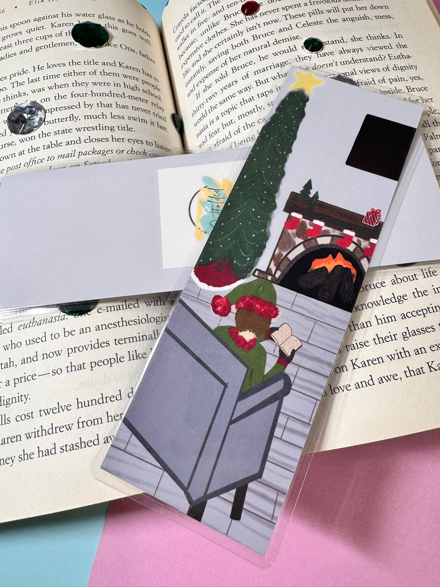 Bookmarks for Christmas Novels- Page Saver For Readers- Elf Reading By The Fire and Christmas Tree- Laminated- Original Artwork