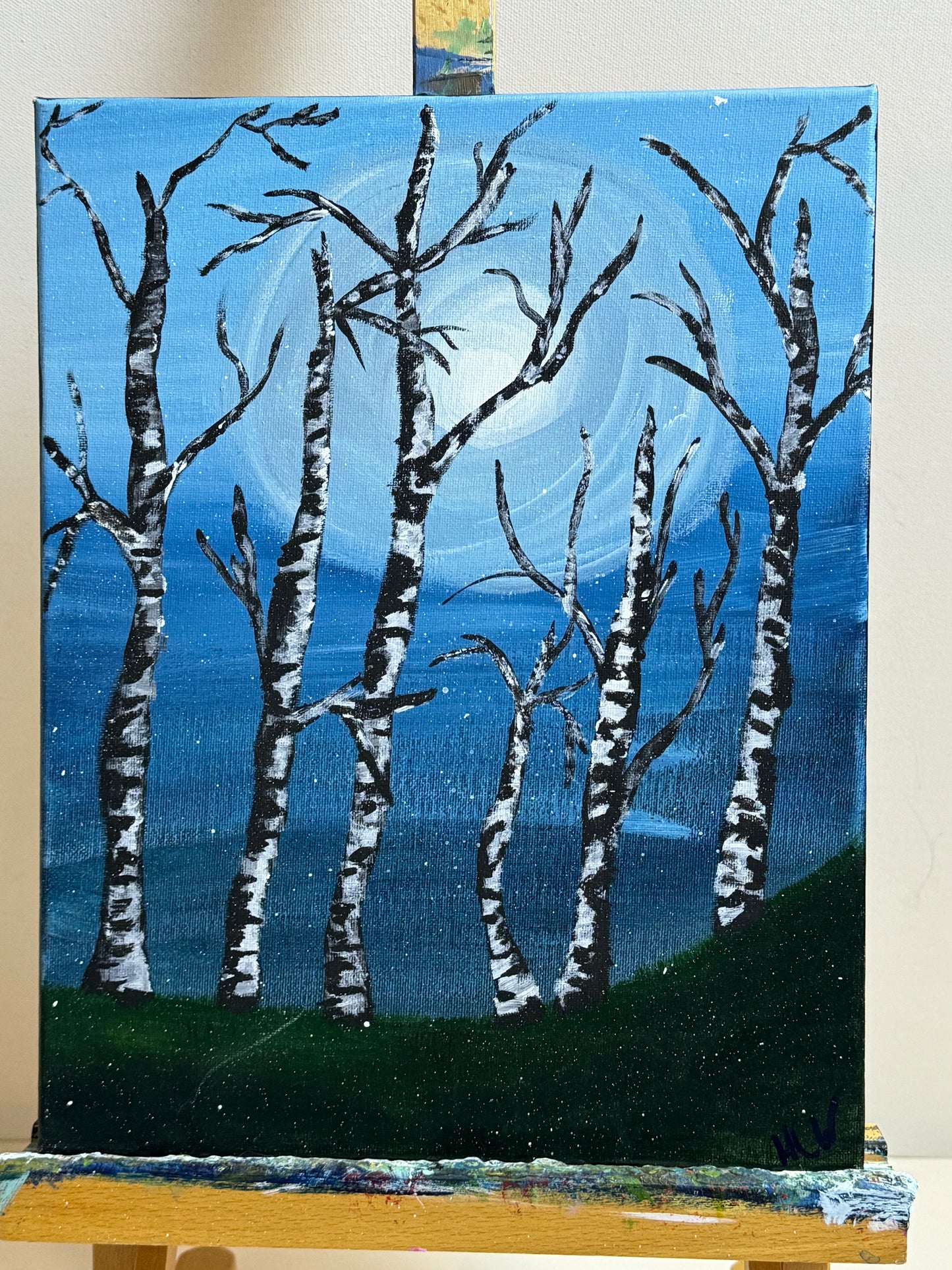 Birch Trees, Tree Painting in Acrylic, Moonlight Through the Trees