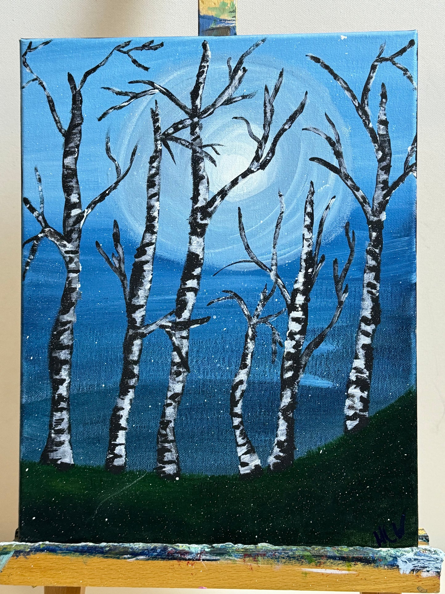 Birch Trees, Tree Painting in Acrylic, Moonlight Through the Trees