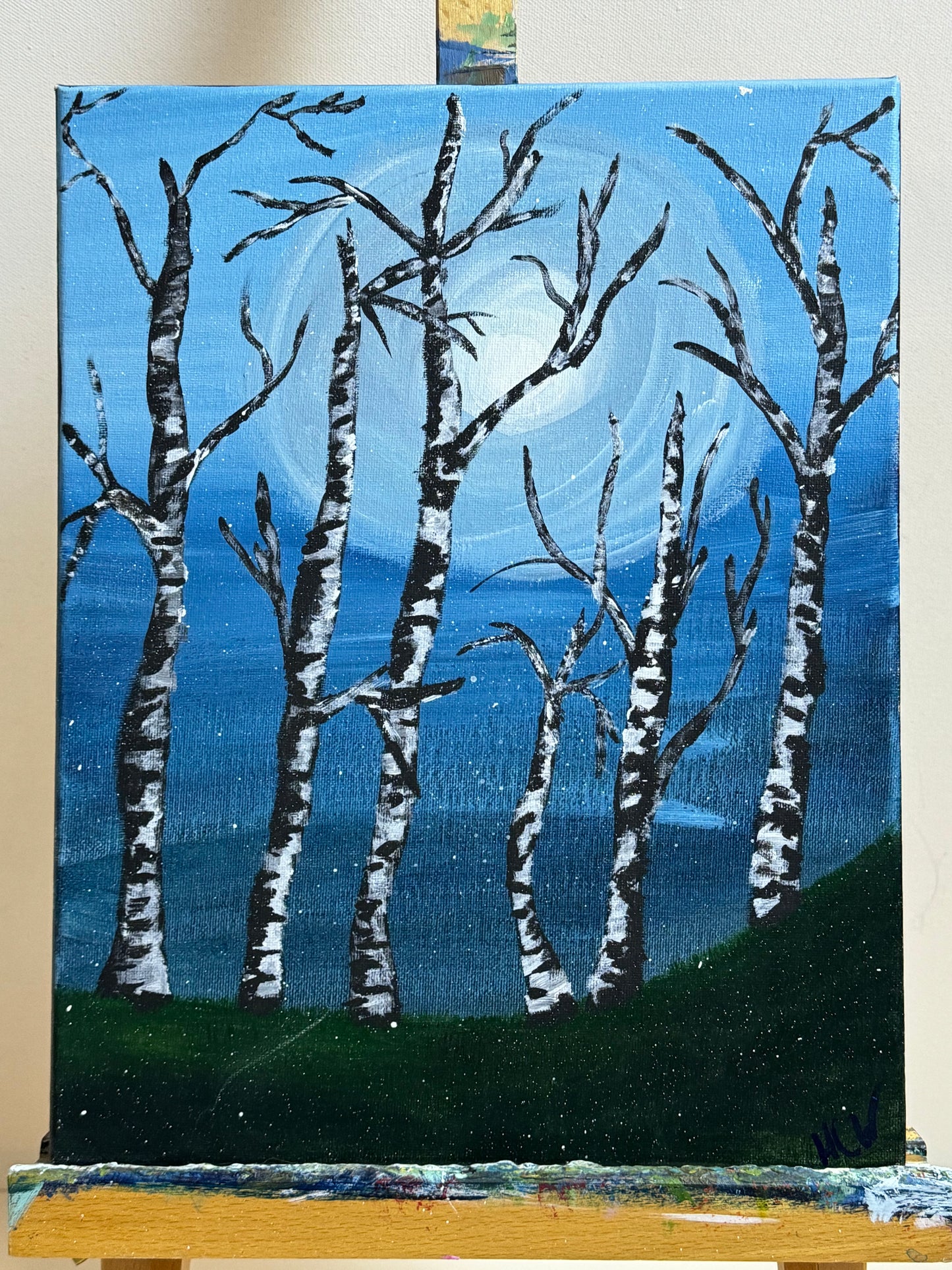 Birch Trees, Tree Painting in Acrylic, Moonlight Through the Trees