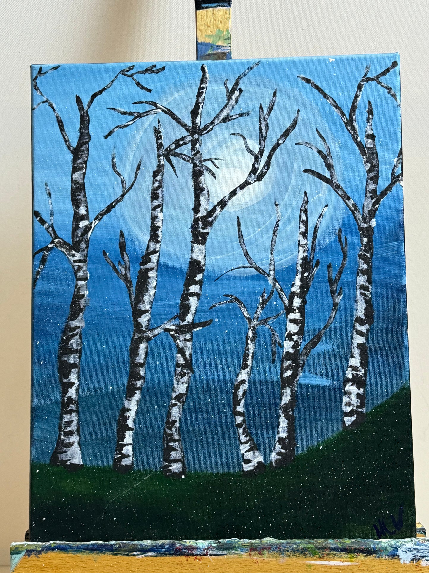 Birch Trees, Tree Painting in Acrylic, Moonlight Through the Trees