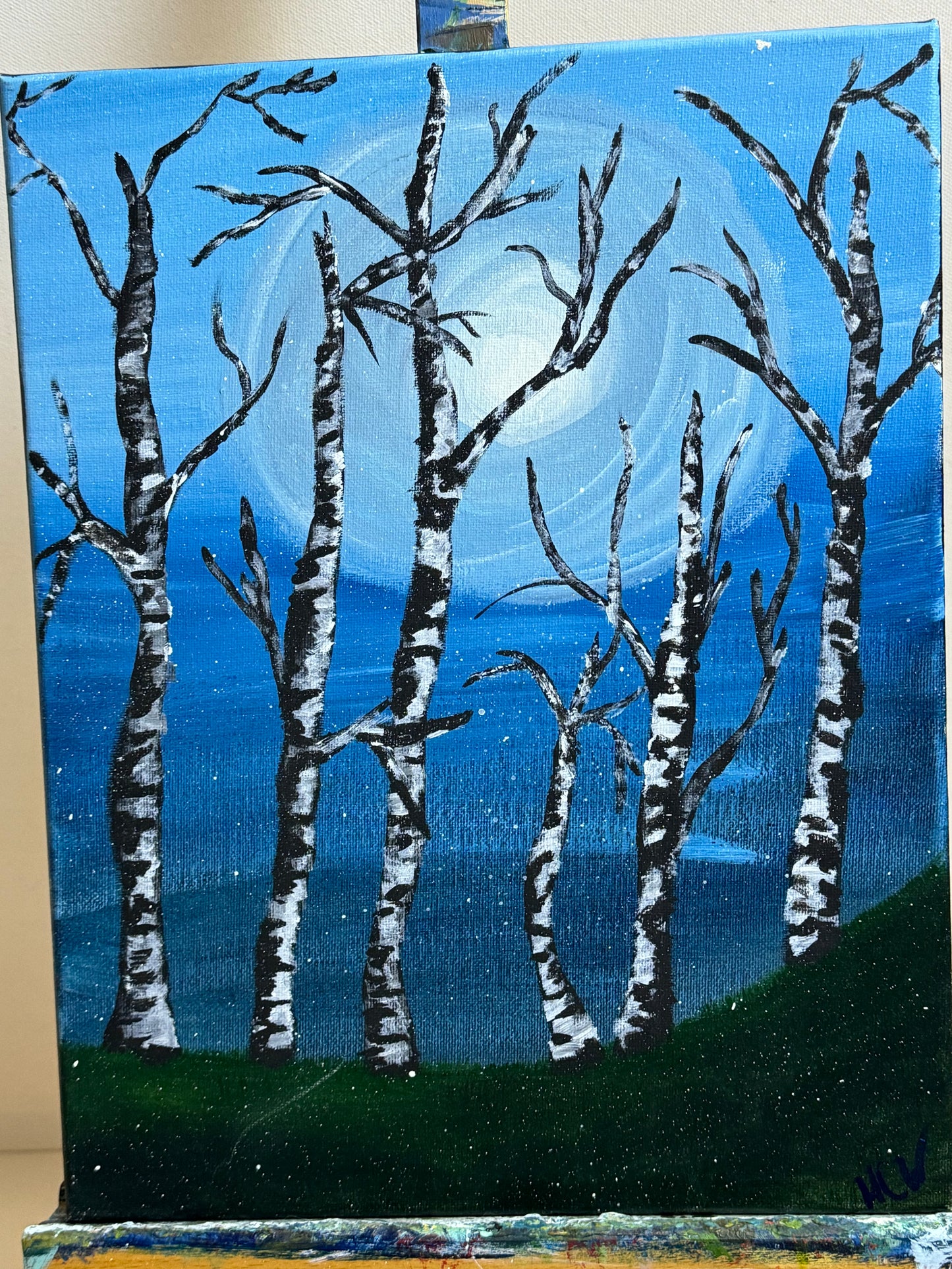 Birch Trees, Tree Painting in Acrylic, Moonlight Through the Trees