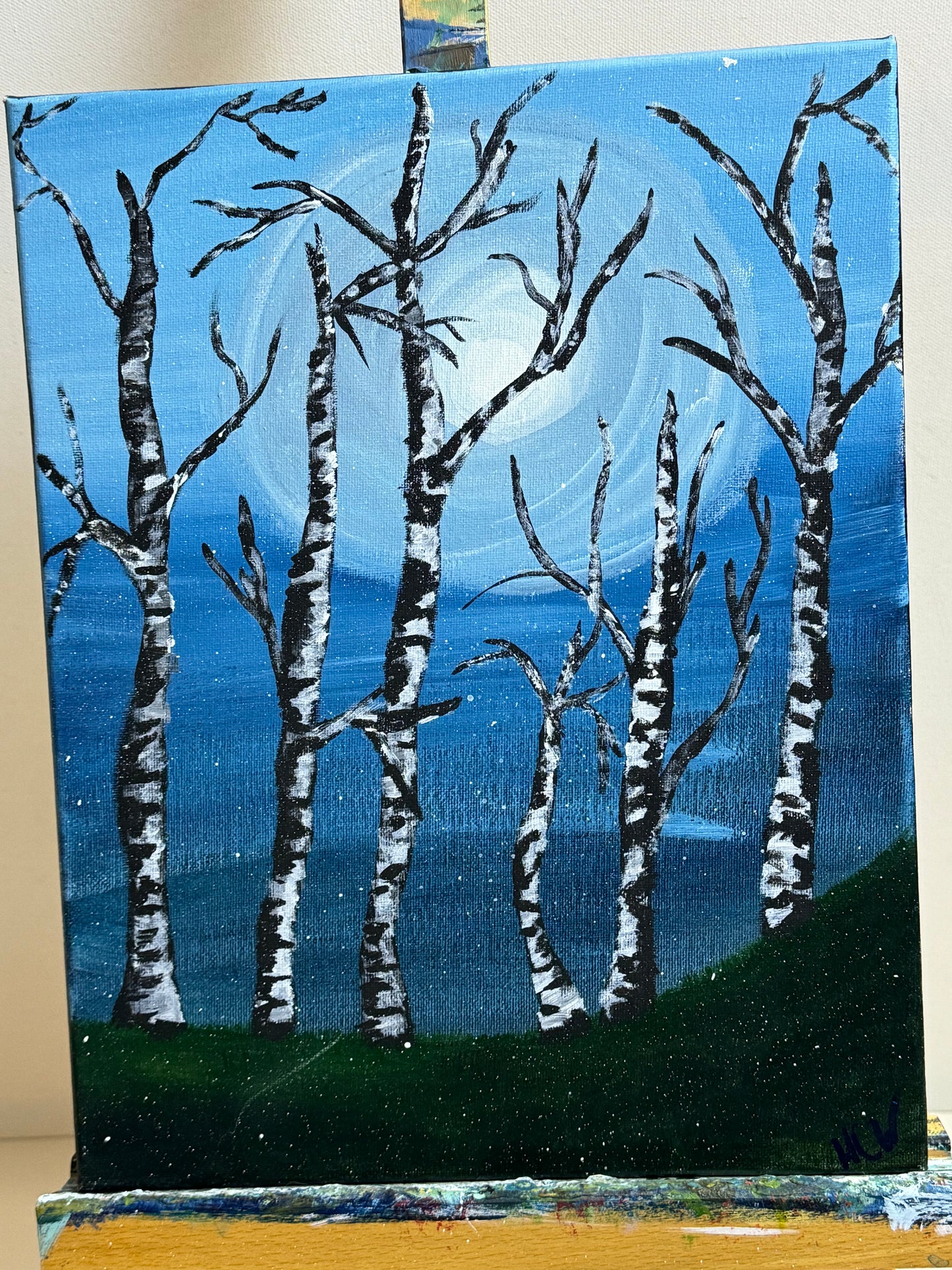 Birch Trees, Tree Painting in Acrylic, Moonlight Through the Trees