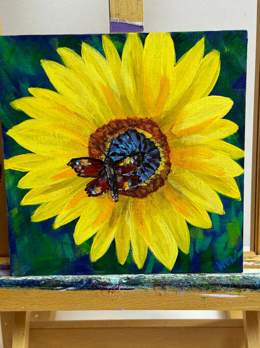 Butterfly Sunflower Painting, A Visitor, Acrylic Painting