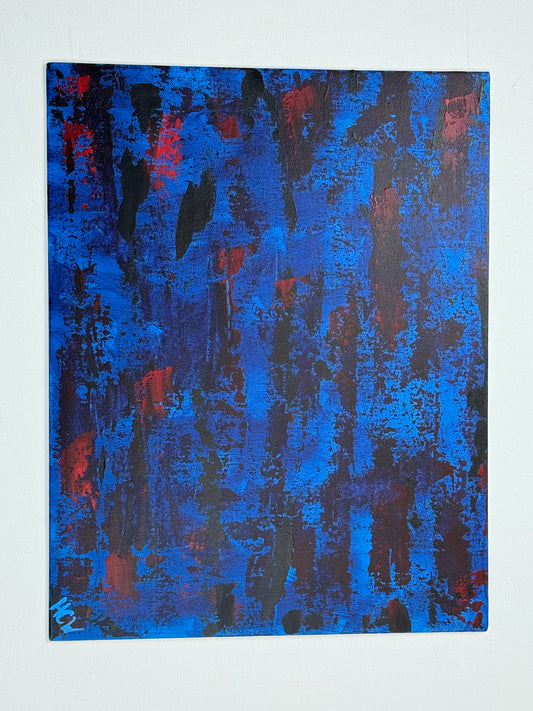 Blue and red abstract acrylic painting on a canvas panel is dark art. It's a one-of-a-kind work of art that would look great in any room.