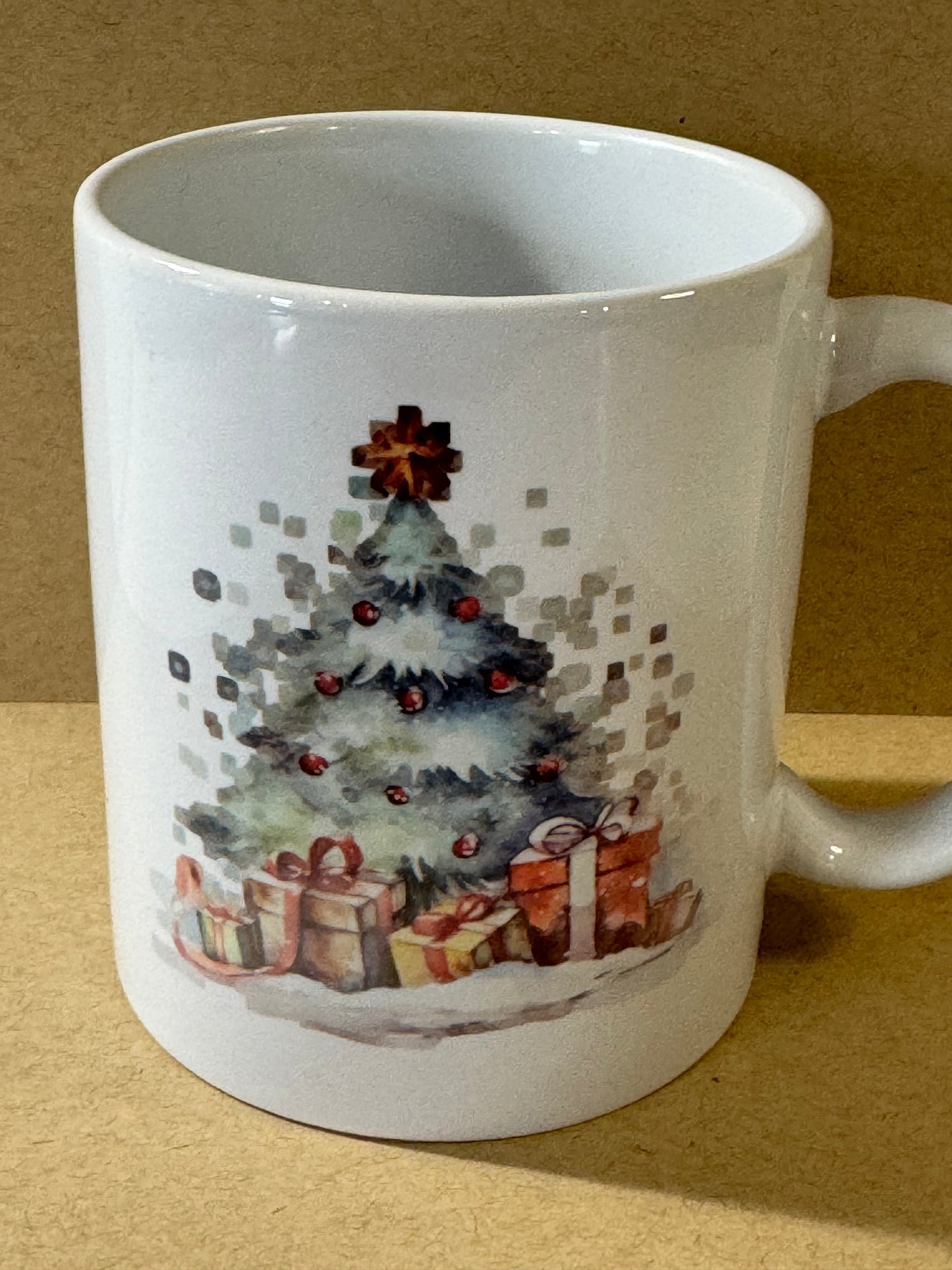 Christmas Holiday Coffee Mug with Pretty Christmas Tree and Presents, Ceramic 11 Fluid Oz White Mug with Sublimated Design