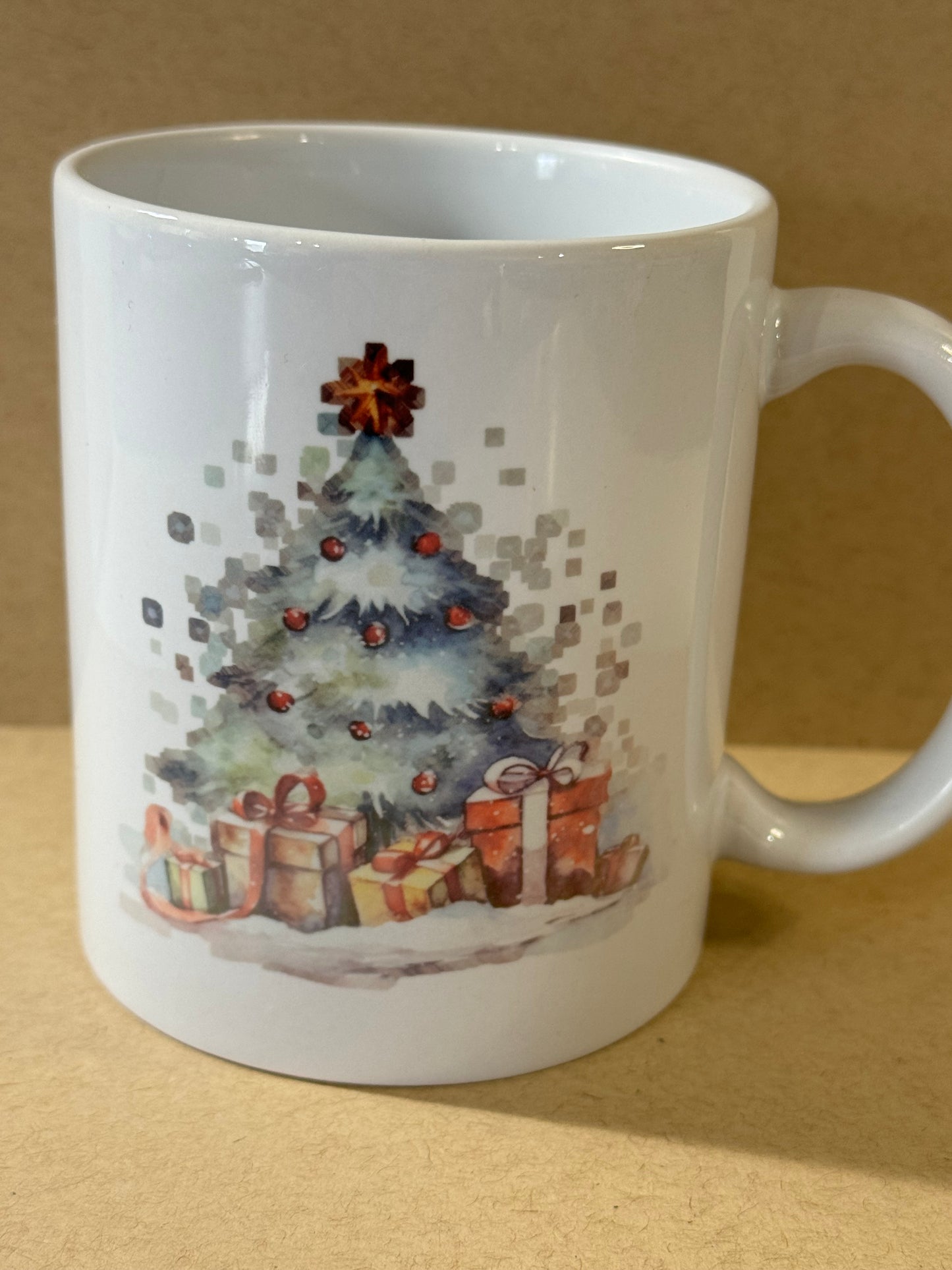 Christmas Holiday Coffee Mug with Pretty Christmas Tree and Presents, Ceramic 11 Fluid Oz White Mug with Sublimated Design