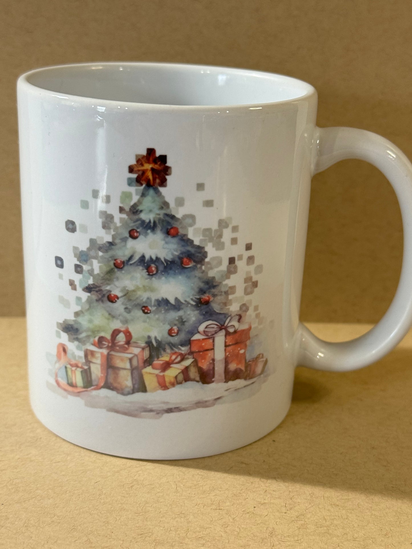 Christmas Holiday Coffee Mug with Pretty Christmas Tree and Presents, Ceramic 11 Fluid Oz White Mug with Sublimated Design