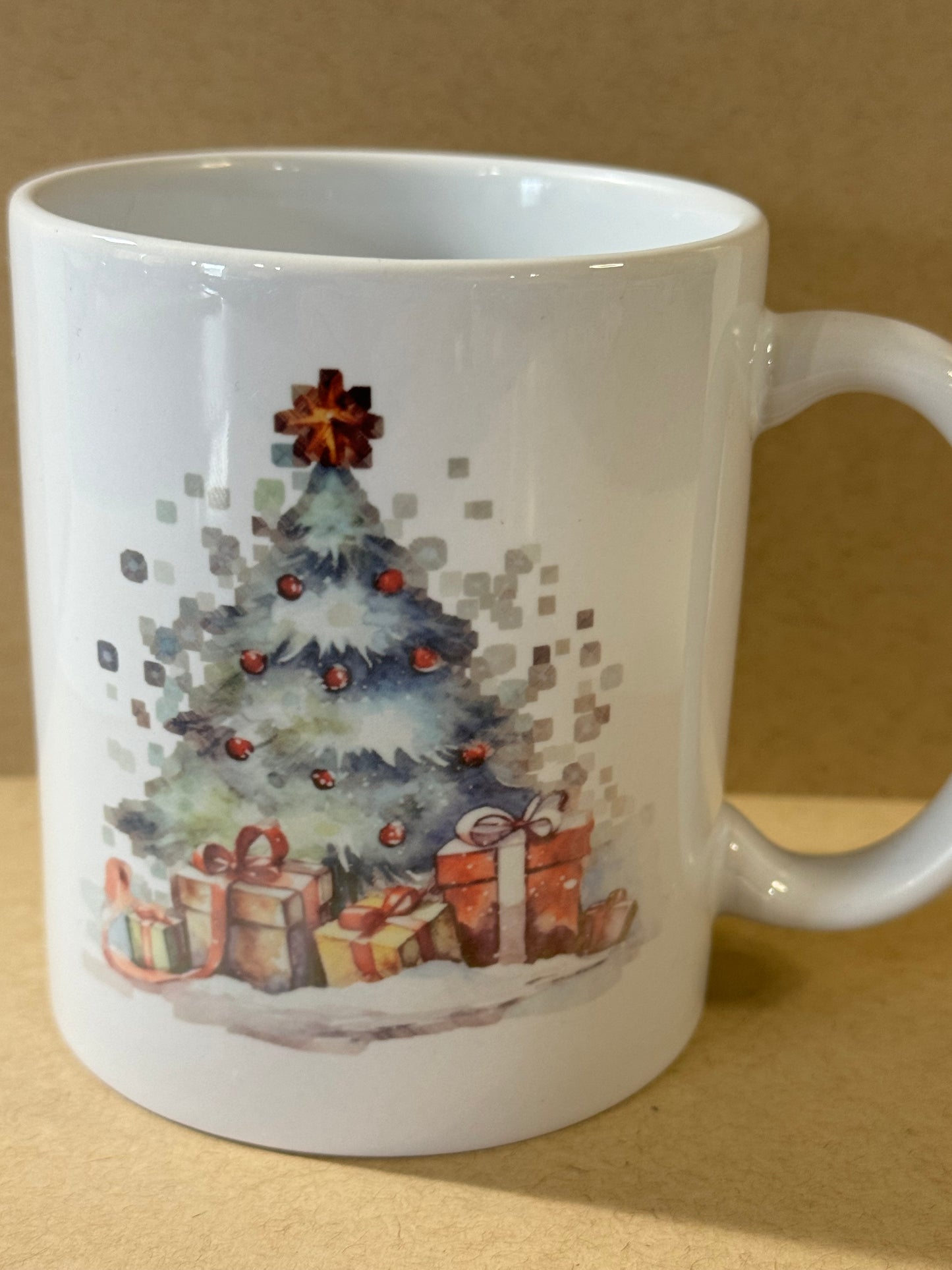 Christmas Holiday Coffee Mug with Pretty Christmas Tree and Presents, Ceramic 11 Fluid Oz White Mug with Sublimated Design