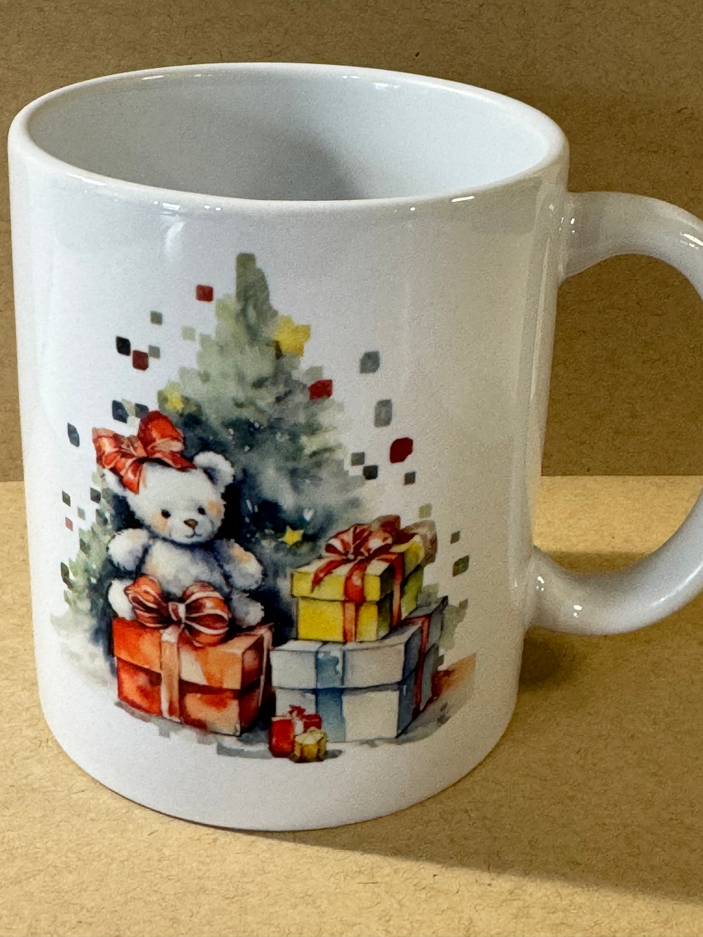 Christmas Holiday Coffee Mug with Christmas Tree, Teddy Bears, and Presents, Sublimated Ceramic 11 oz