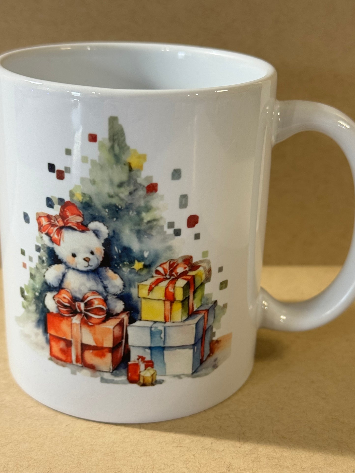 Christmas Holiday Coffee Mug with Christmas Tree, Teddy Bears, and Presents, Sublimated Ceramic 11 oz