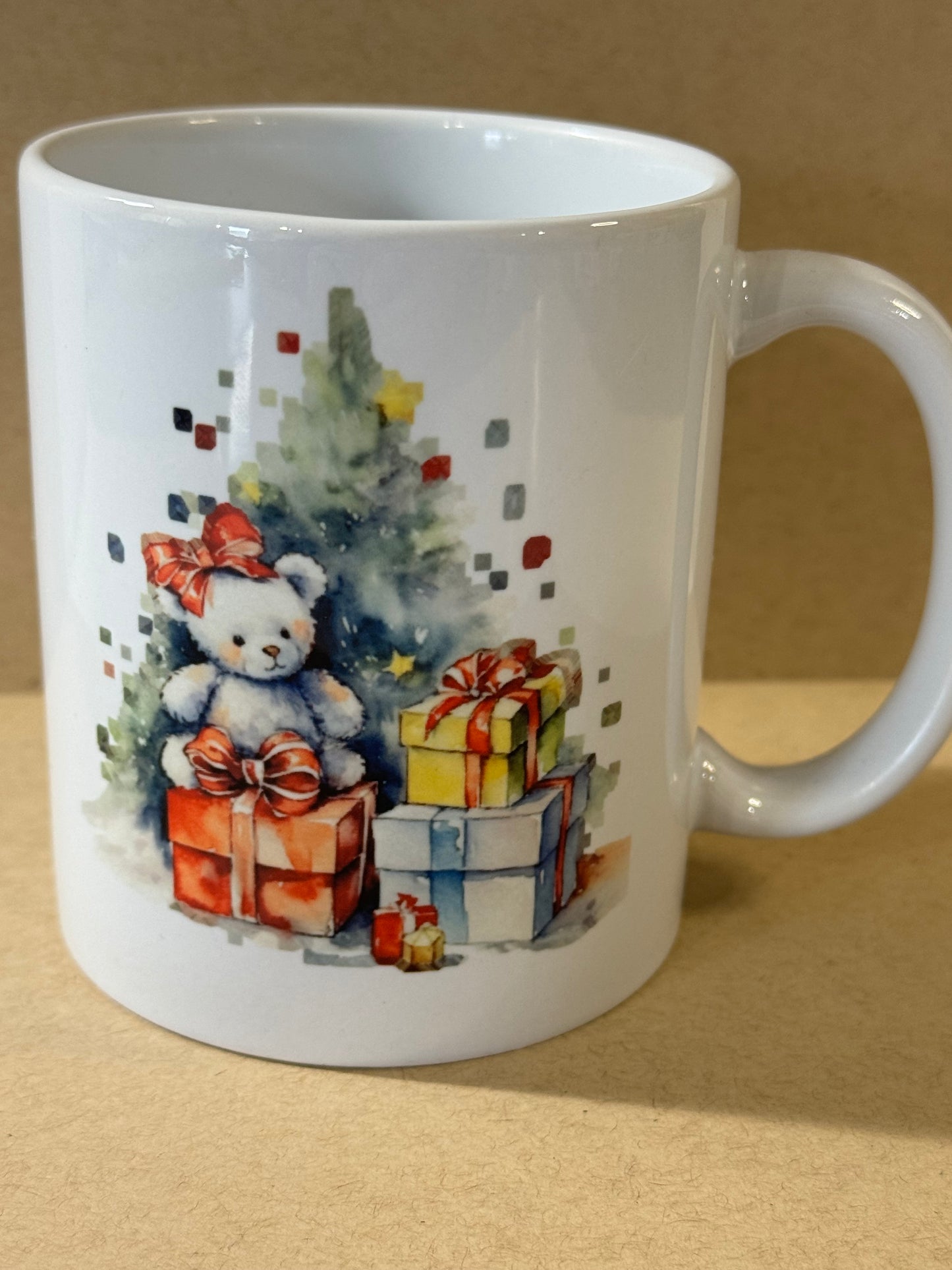 Christmas Holiday Coffee Mug with Christmas Tree, Teddy Bears, and Presents, Sublimated Ceramic 11 oz