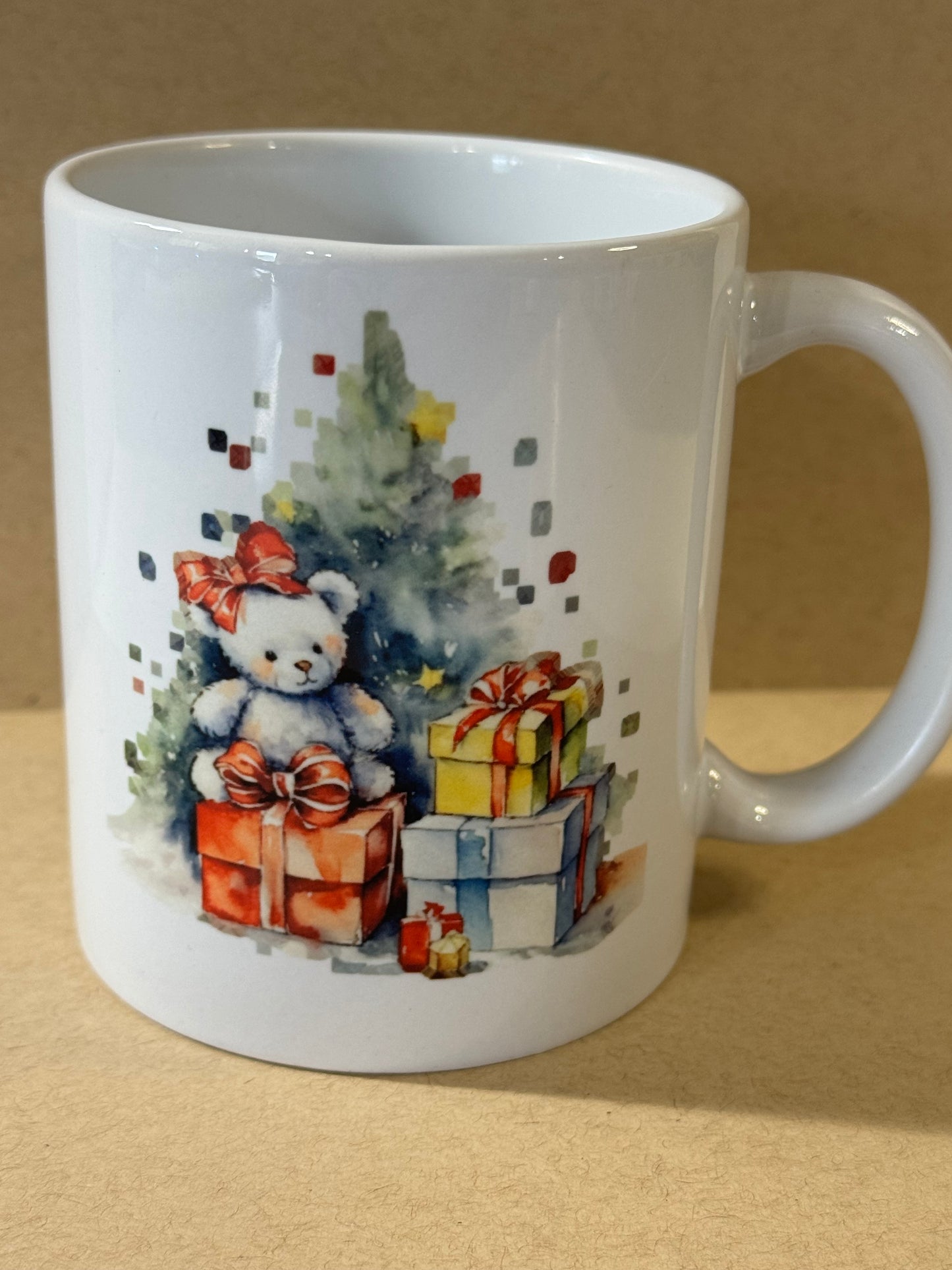 Christmas Holiday Coffee Mug with Christmas Tree, Teddy Bears, and Presents, Sublimated Ceramic 11 oz