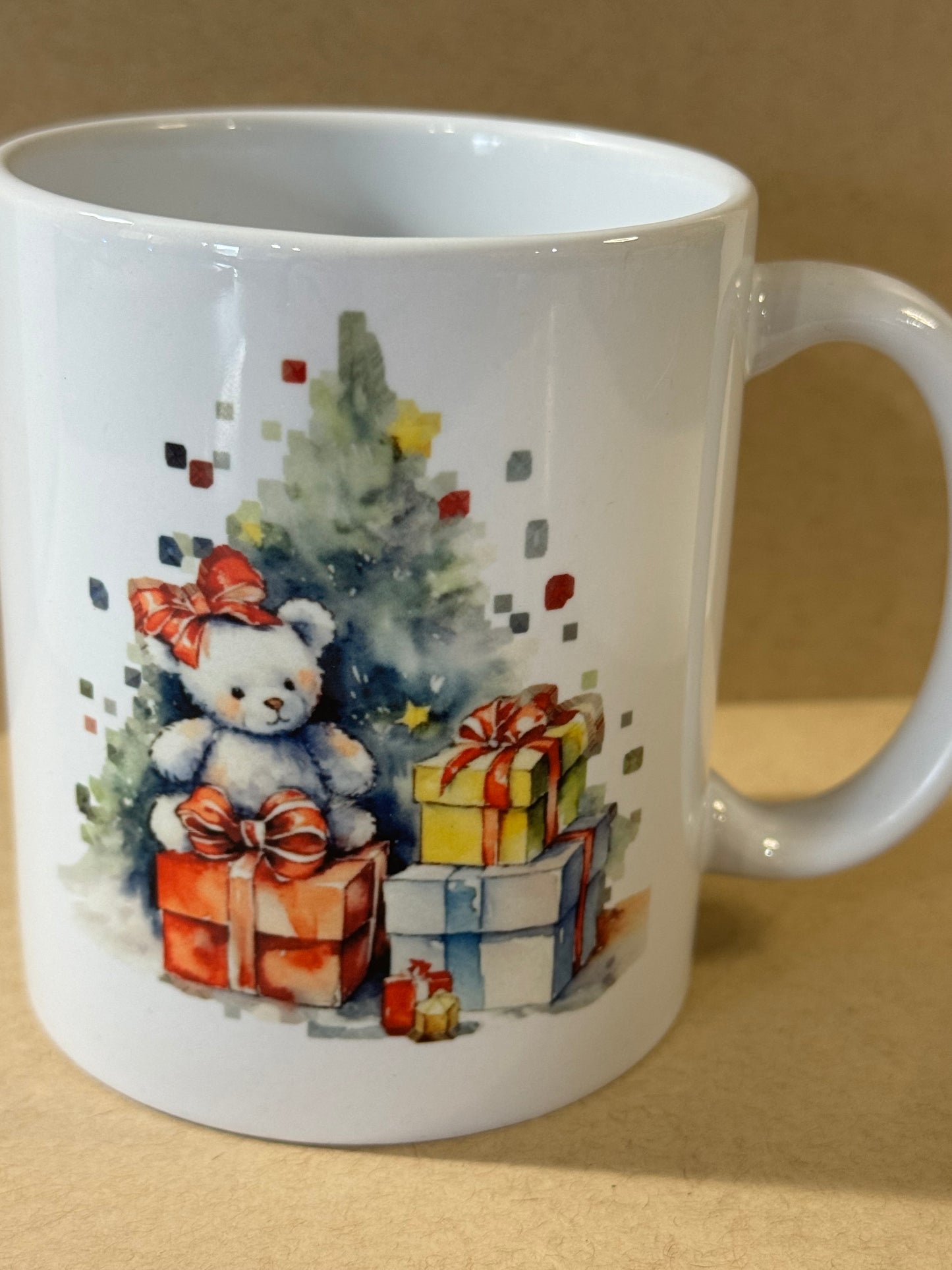 Christmas Holiday Coffee Mug with Christmas Tree, Teddy Bears, and Presents, Sublimated Ceramic 11 oz