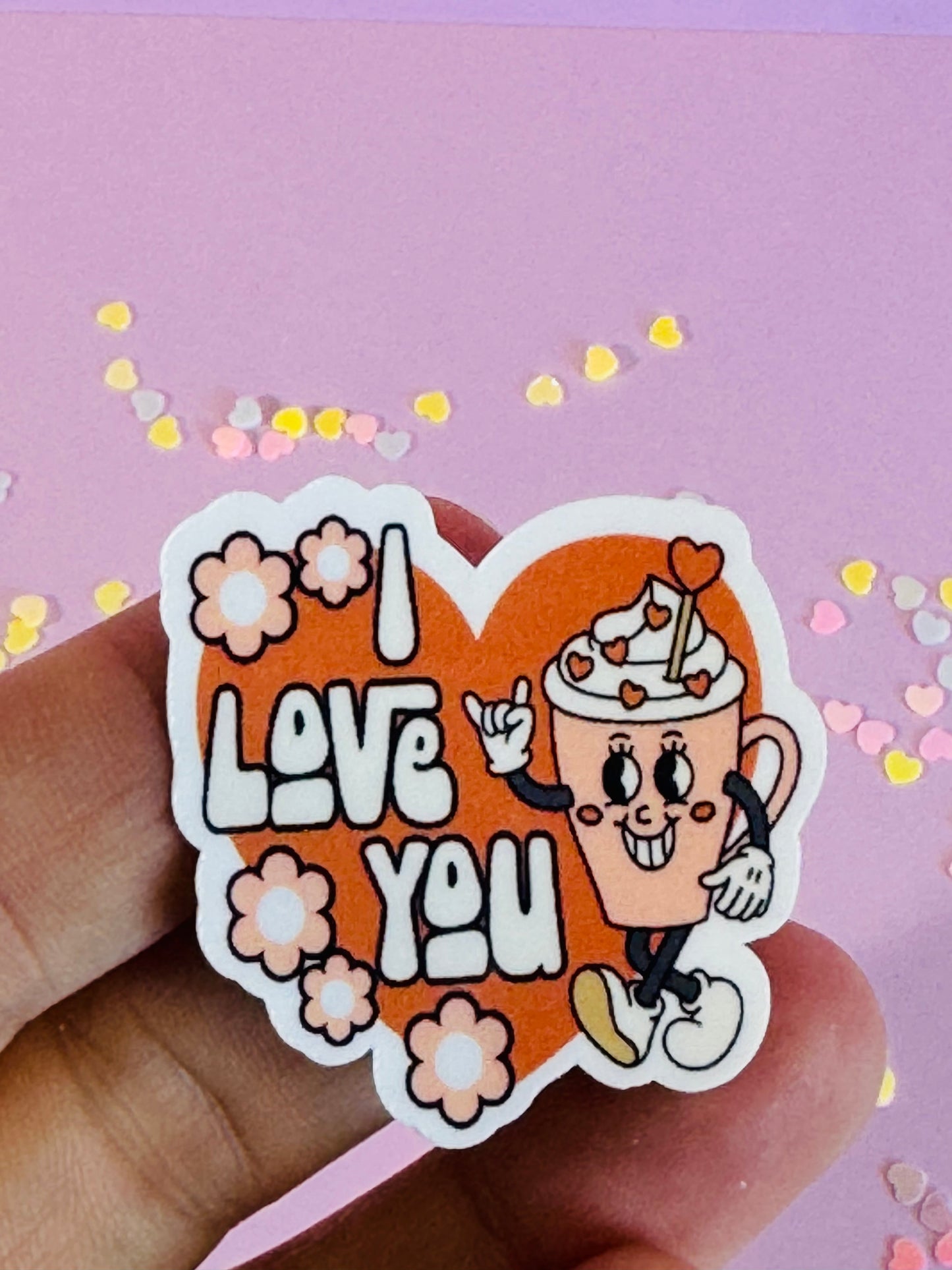 I Love You Valentine's Day Vinyl Water Resistant Sticker, Coffee Latte Heart Sticker