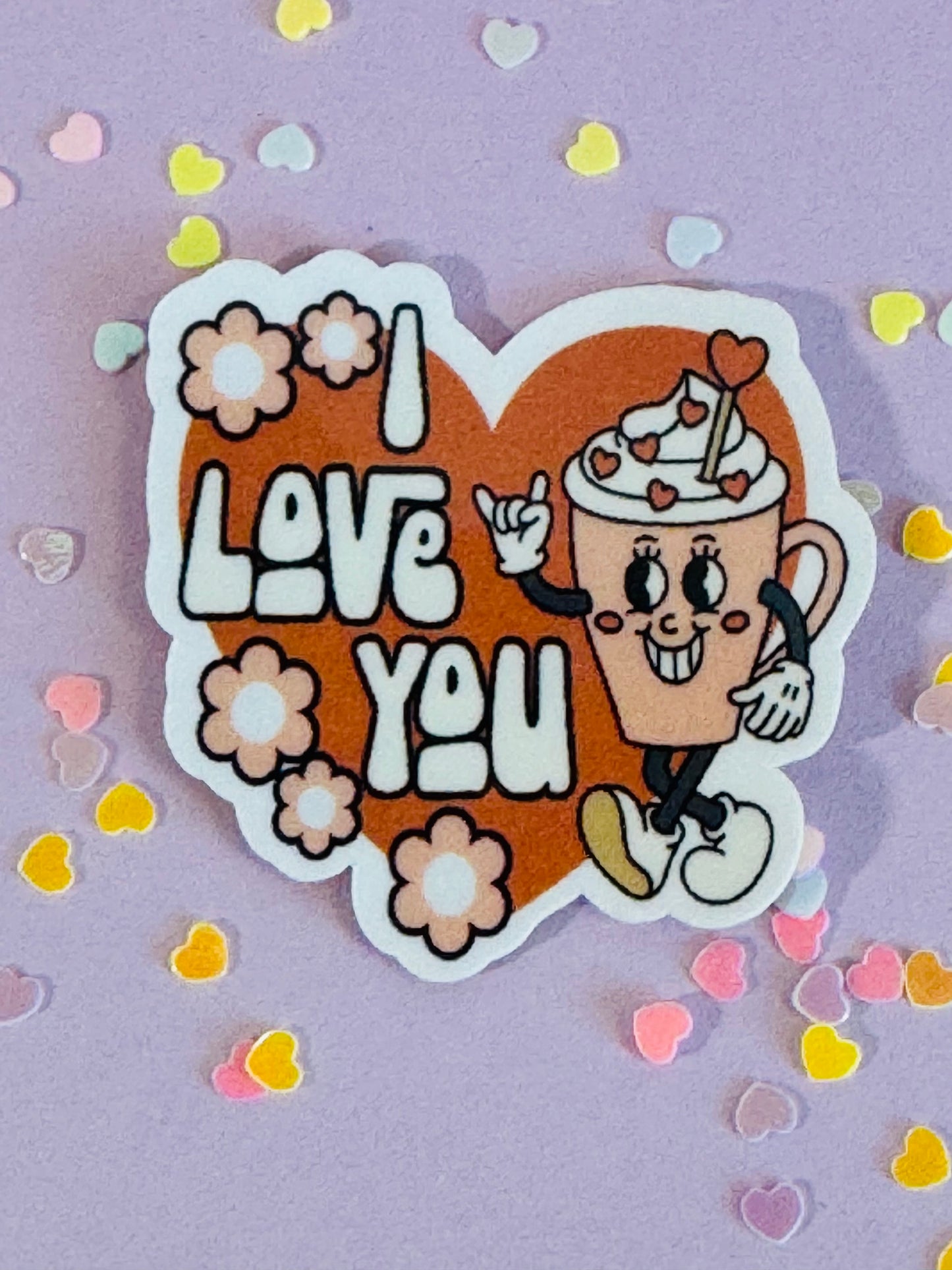 I Love You Valentine's Day Vinyl Water Resistant Sticker, Coffee Latte Heart Sticker