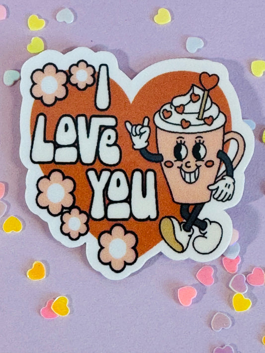 I Love You Valentine's Day Vinyl Water Resistant Sticker, Coffee Latte Heart Sticker