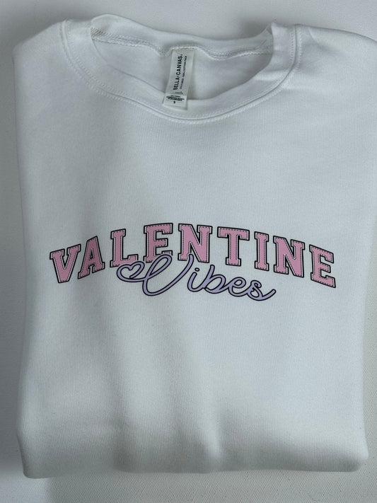 Valentine Vibes White Crew Neck Sweatshirt with Varsity Style Print