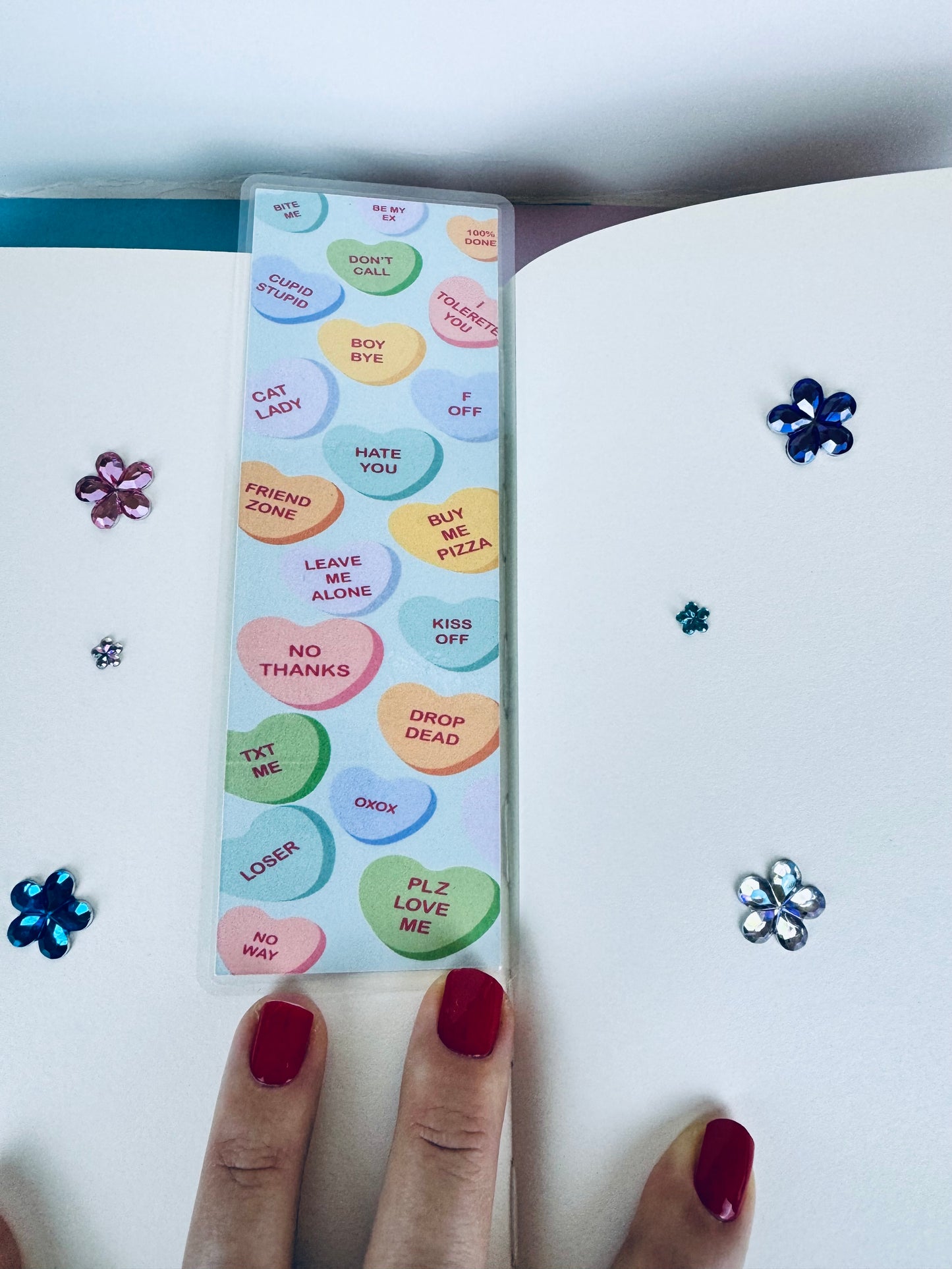 Valentine's Day Bookmark with Sarcastic Candy Heart Sayings, Laminated Page Saver