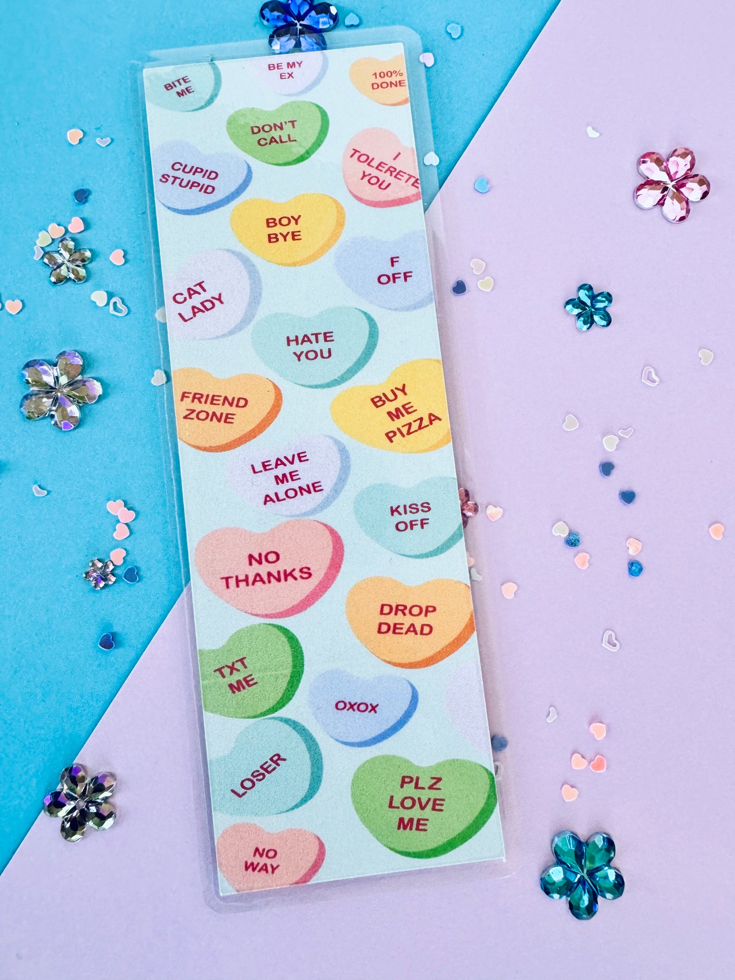 Valentine's Day Bookmark with Sarcastic Candy Heart Sayings, Laminated Page Saver